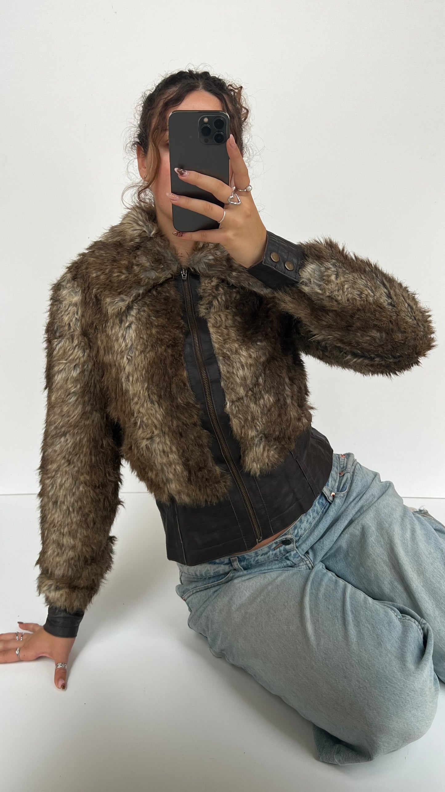 00s brown faux fur leather jacket- size M