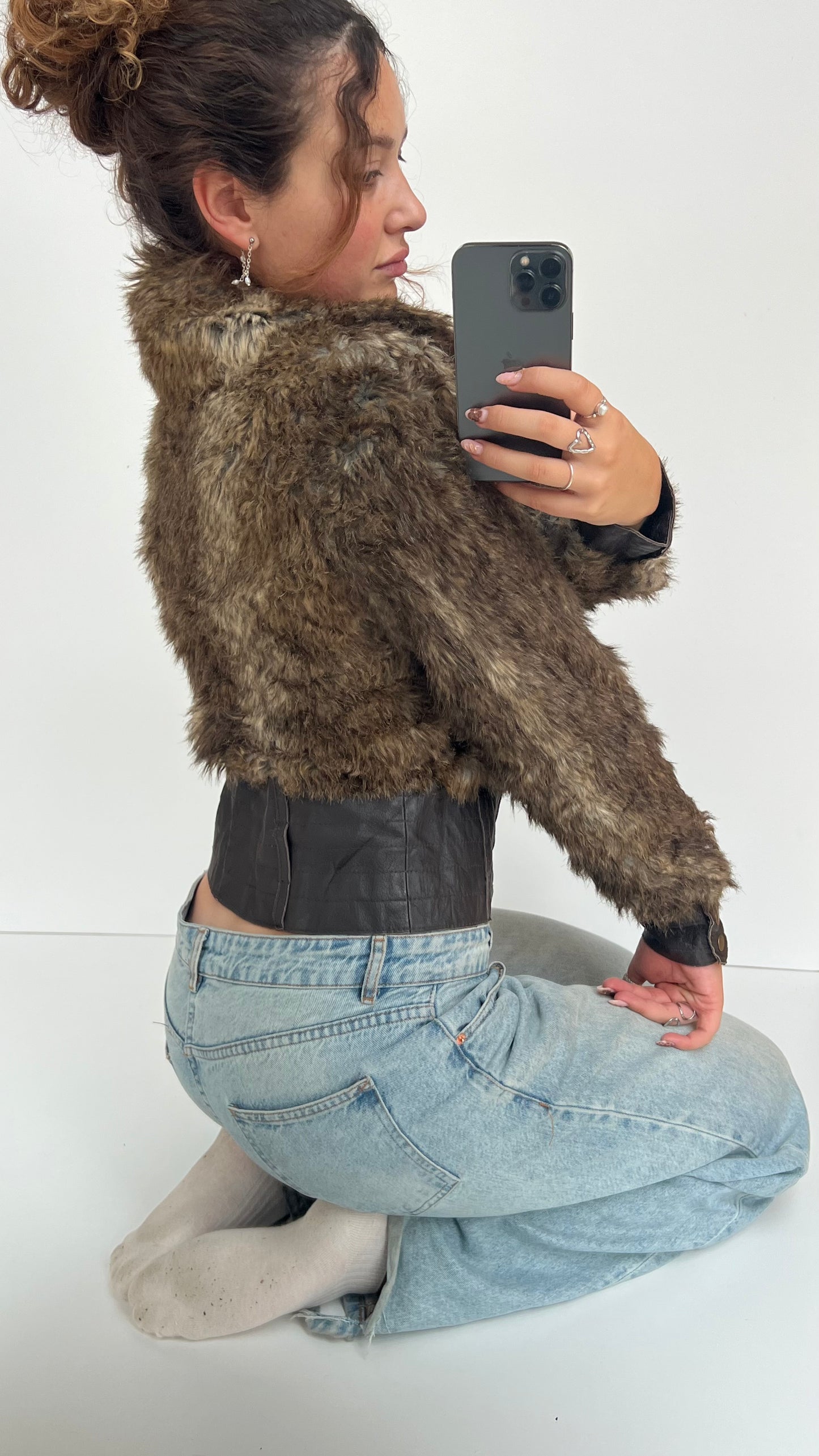 00s brown faux fur leather jacket- size M