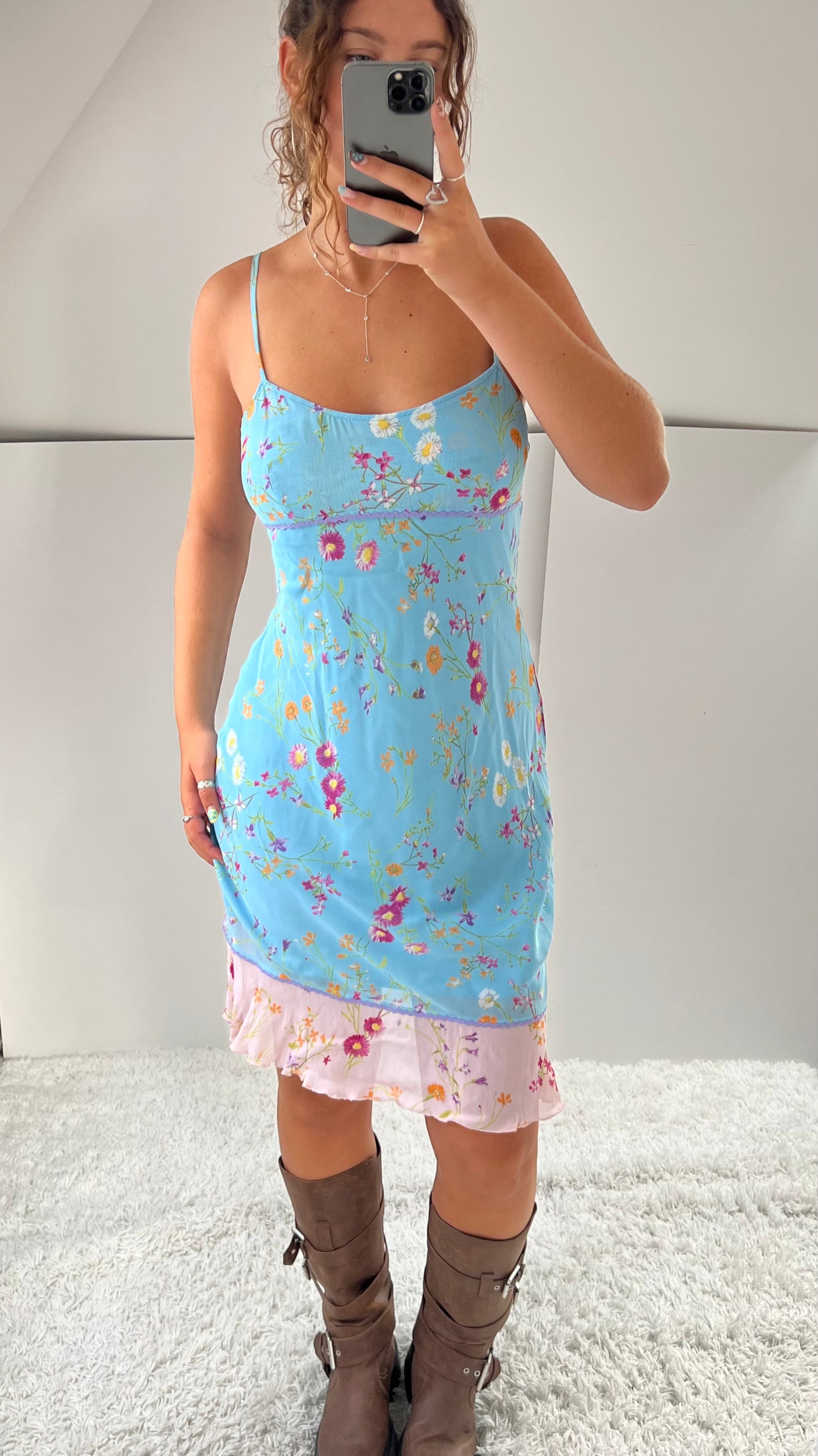 00s blue floral midi dress- size M