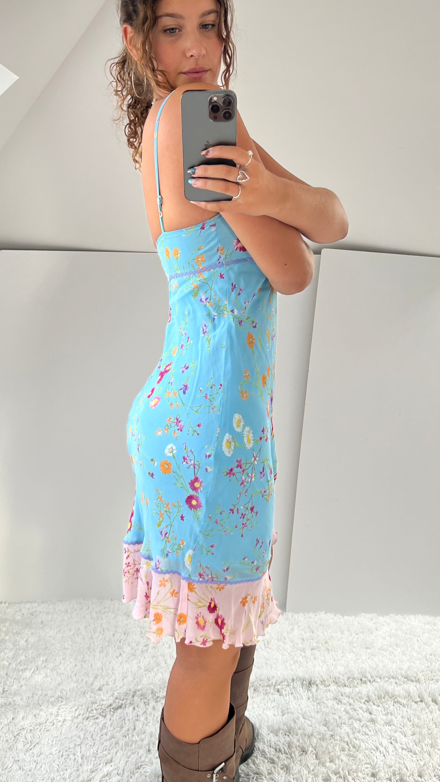 00s blue floral midi dress- size M