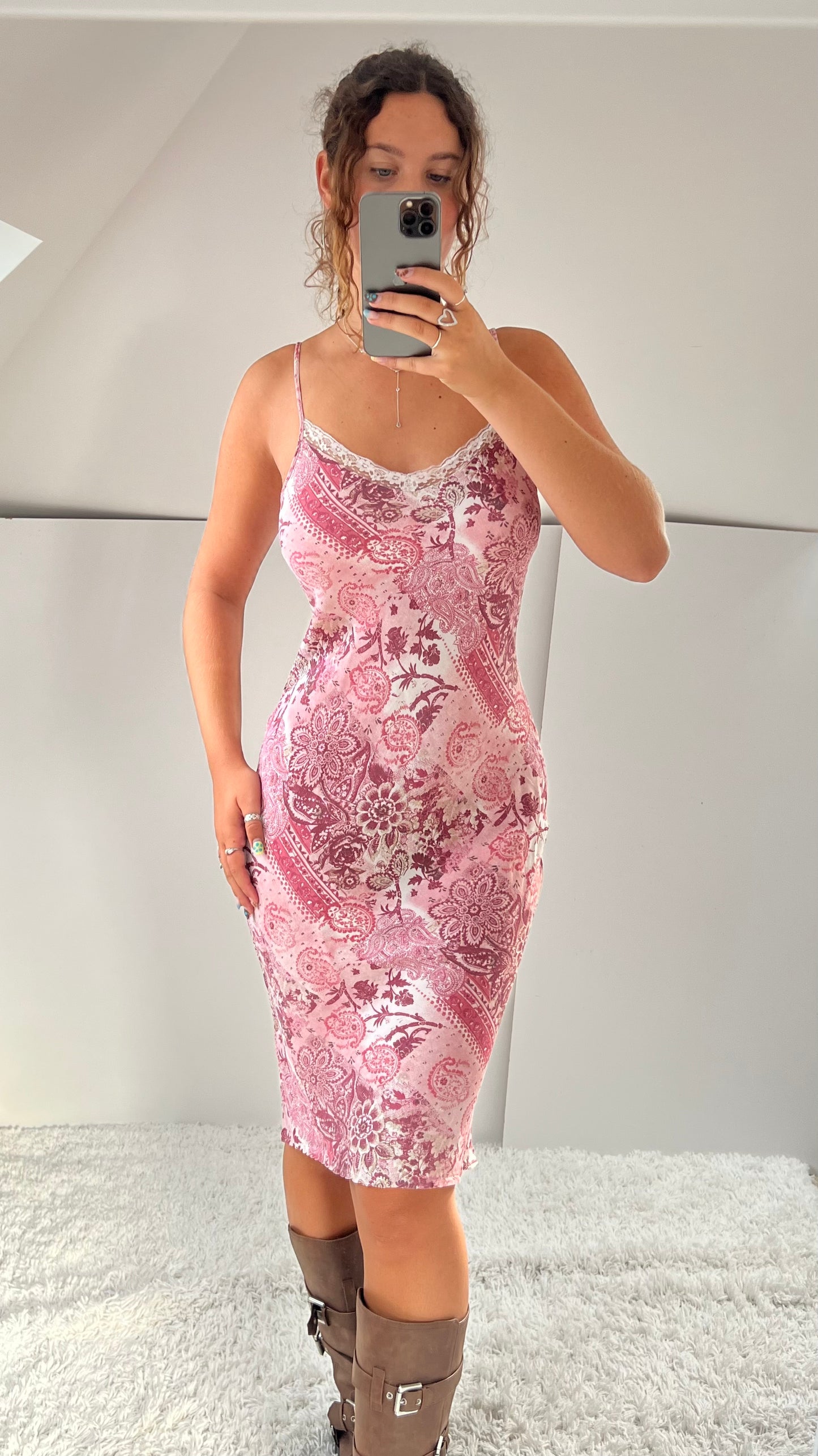 00s pink patchwork midi dress- size M