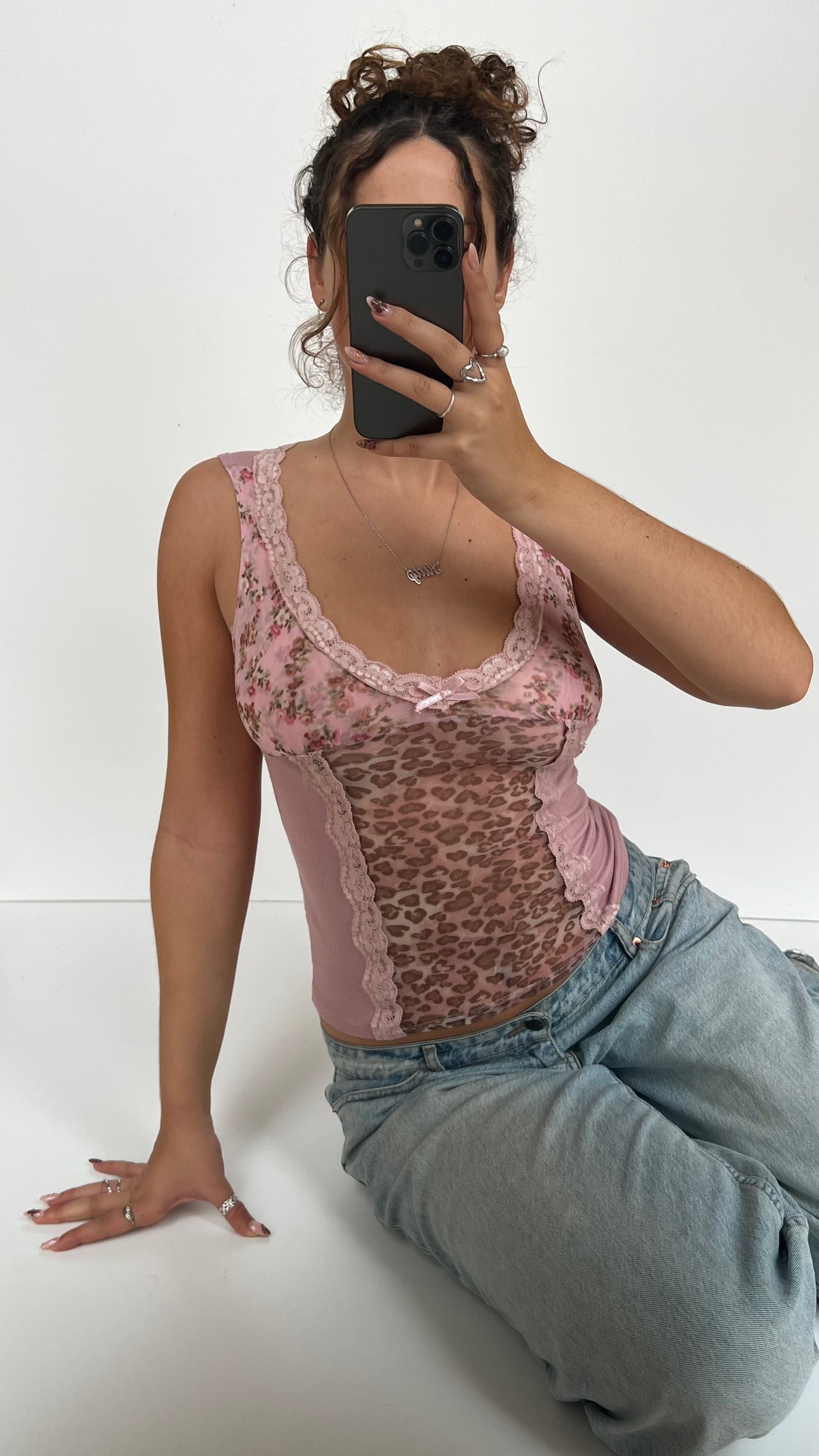 00s pink leopard print top- size M