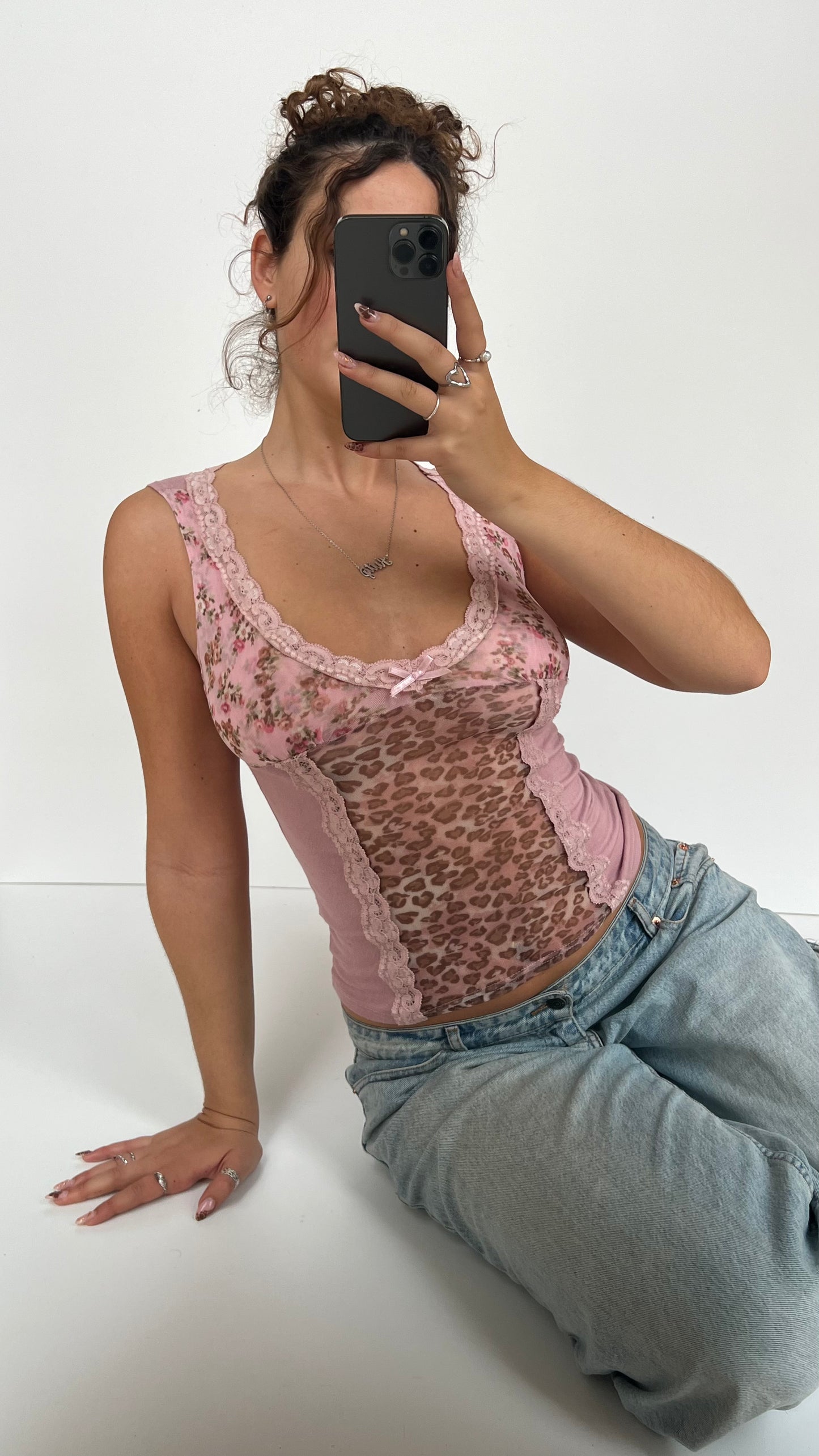 00s pink leopard print top- size M