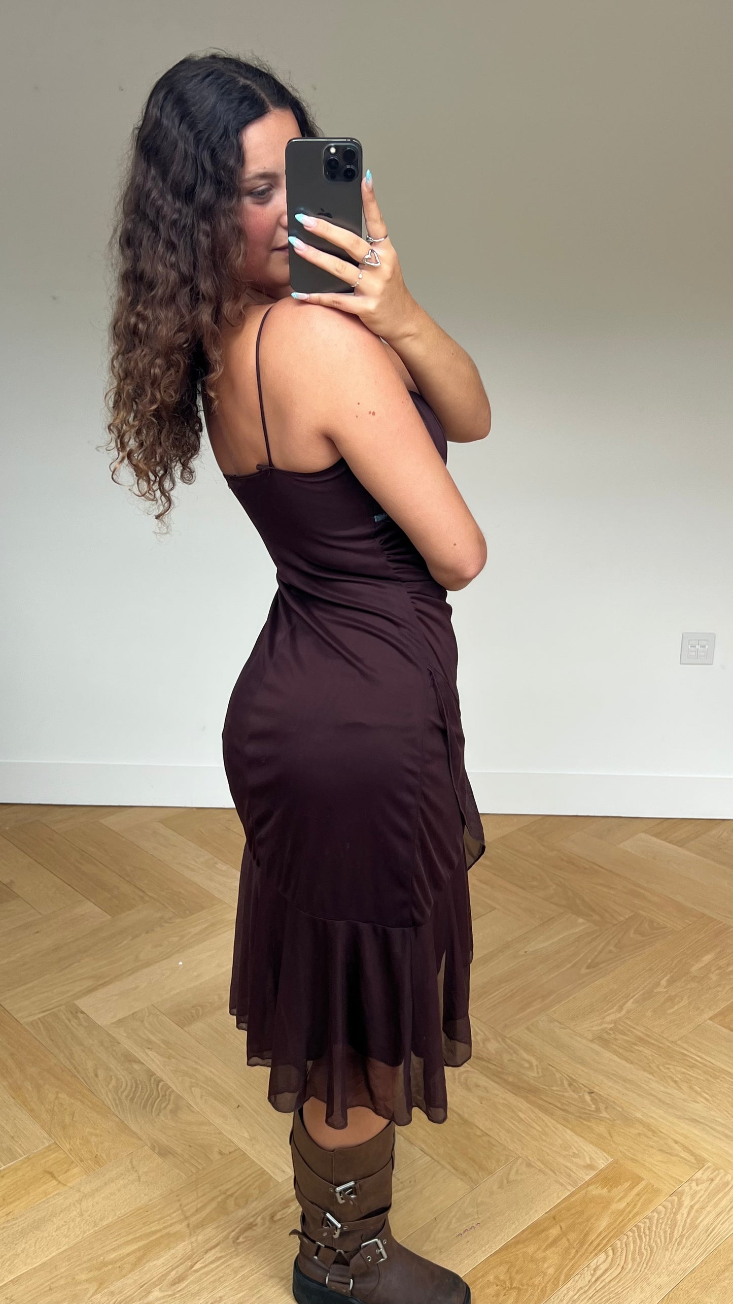 00s brown mesh midi dress- size S