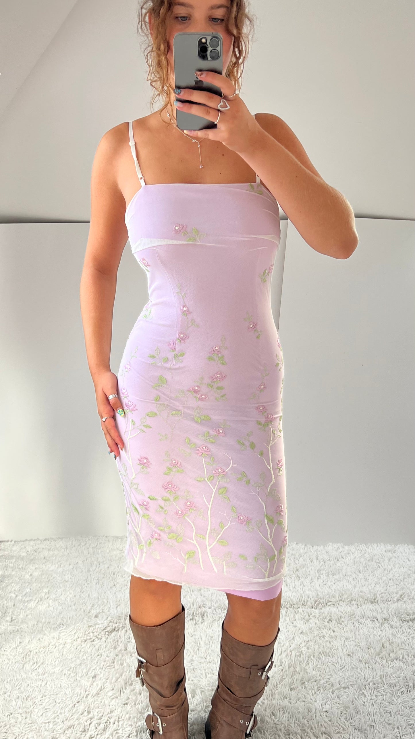 00s purple mesh floral midi dress- size S