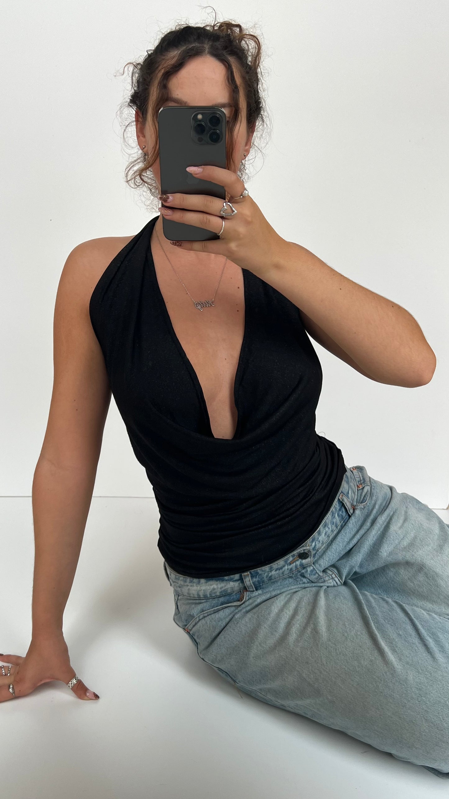 00s black cowl neck top / mini dress- size S