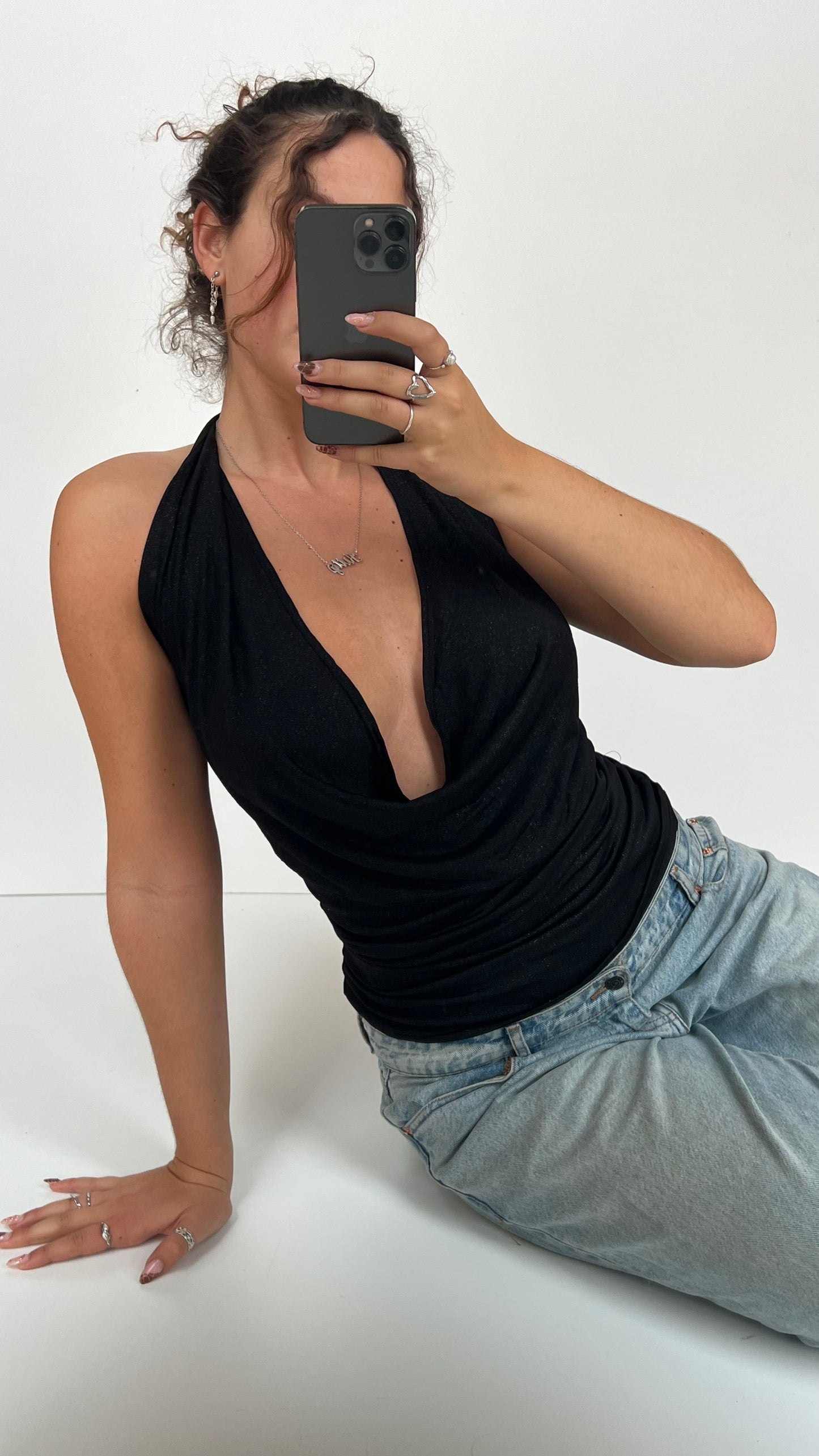 00s black cowl neck top / mini dress- size S
