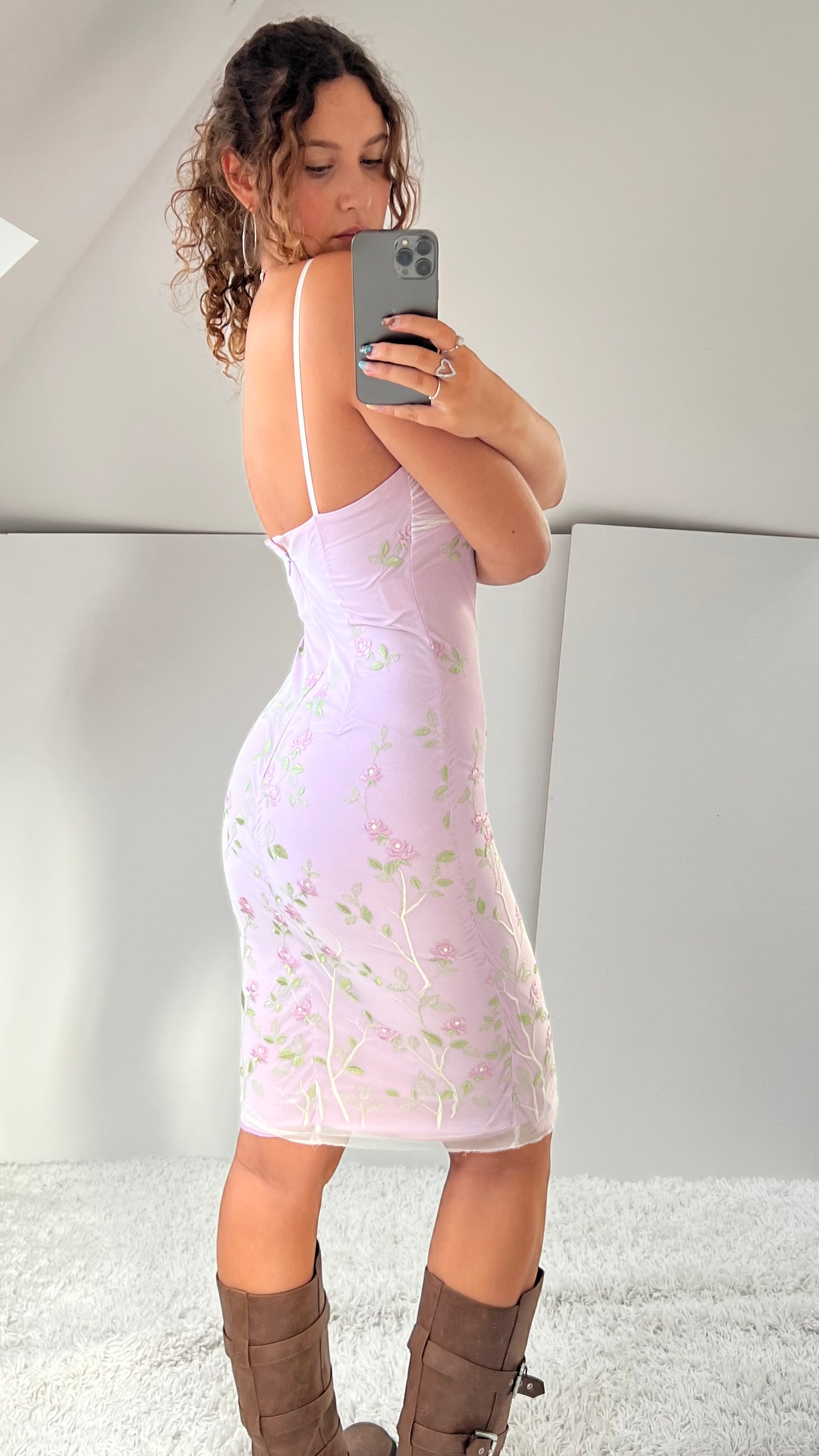 00s purple mesh floral midi dress- size S