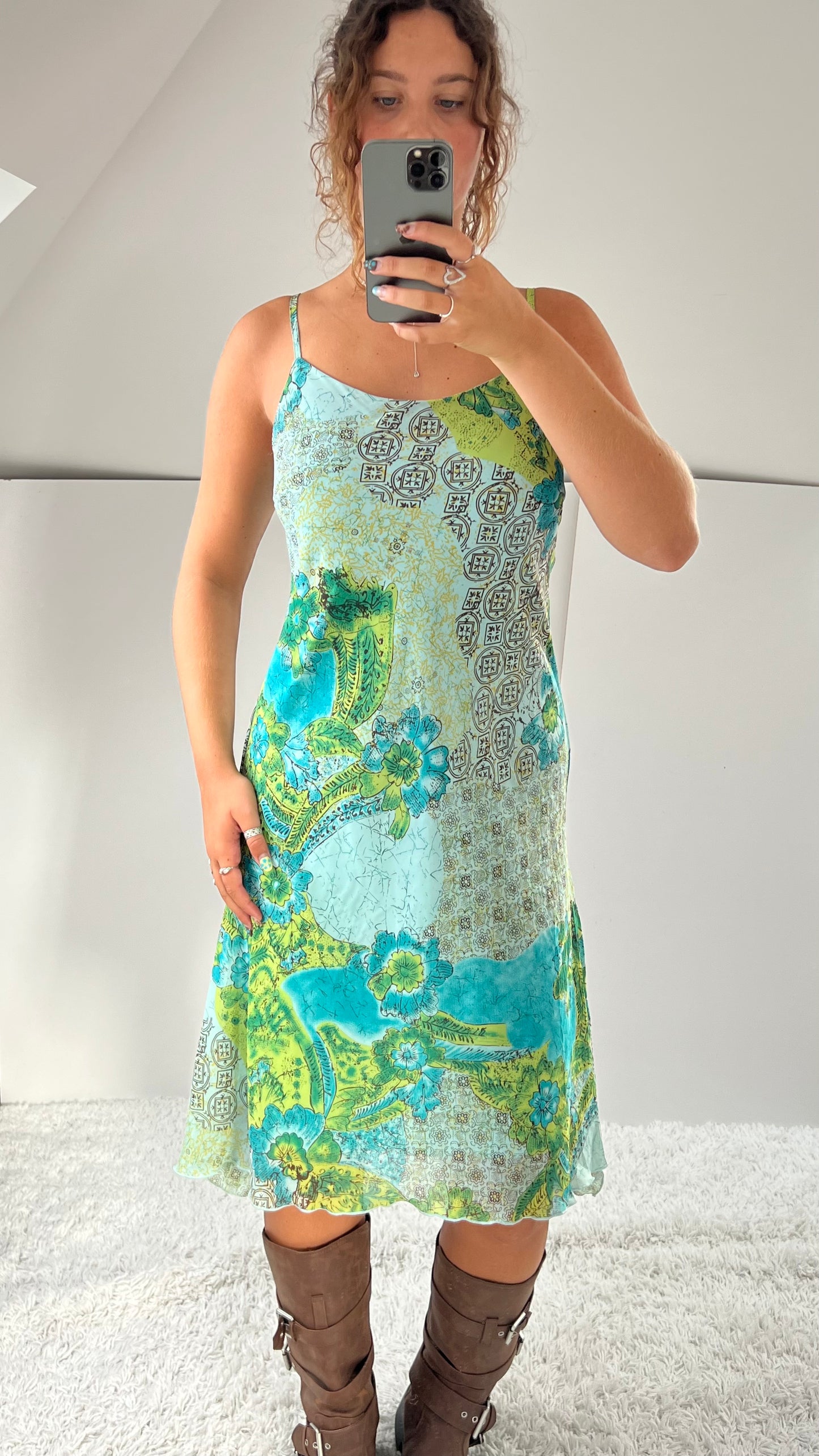 00s green blue patchwork midi dress- size L
