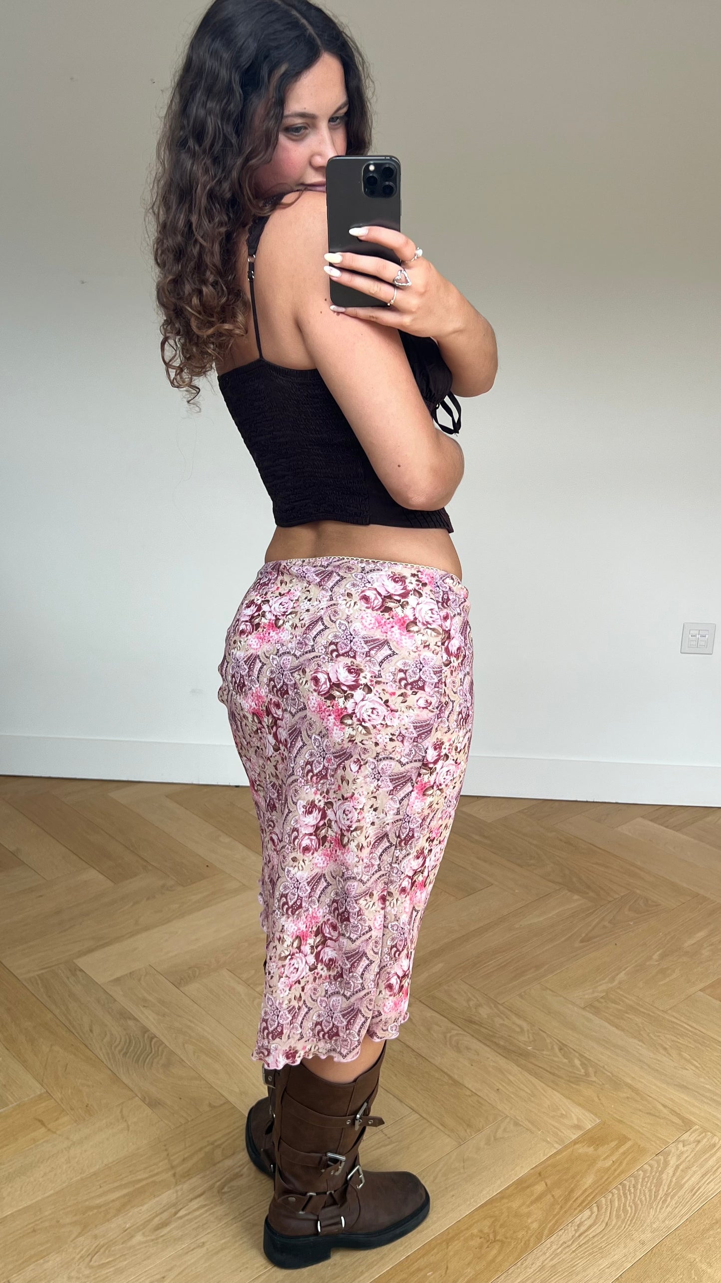 00s pink floral midi skirt- size S
