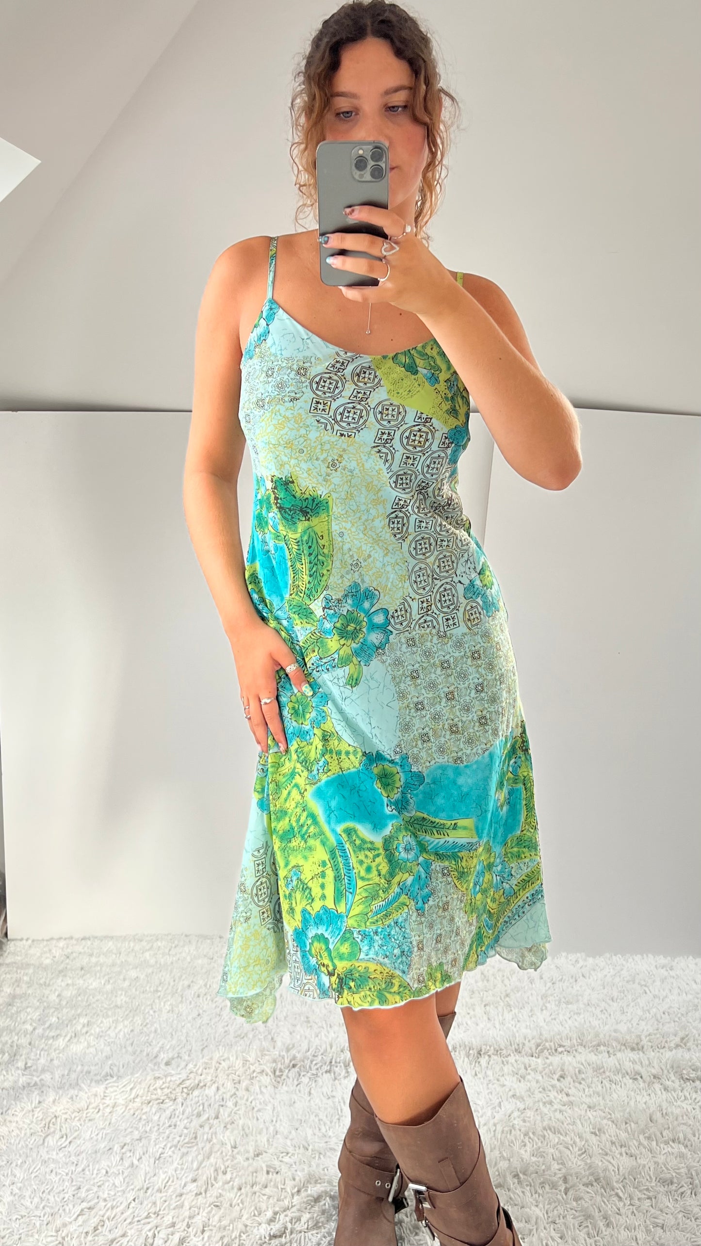 00s green blue patchwork midi dress- size L