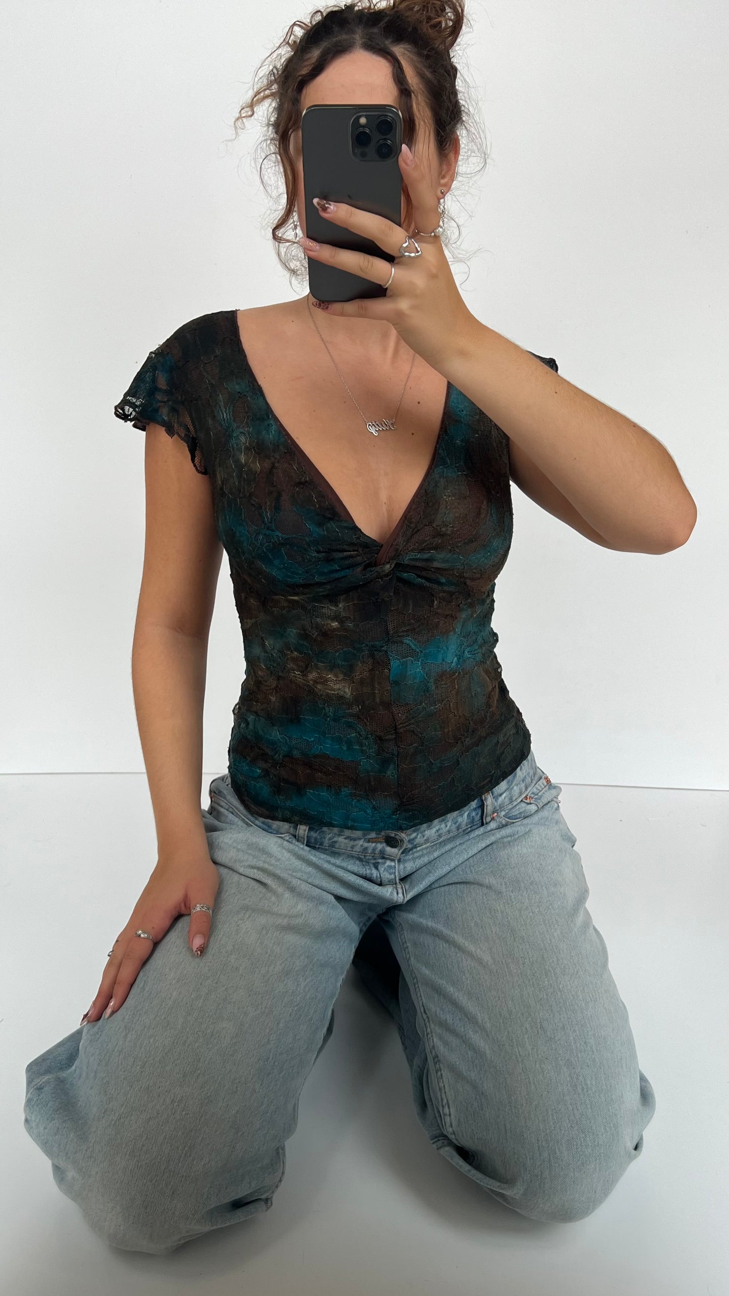 00s brown blue lace top- size XS/S