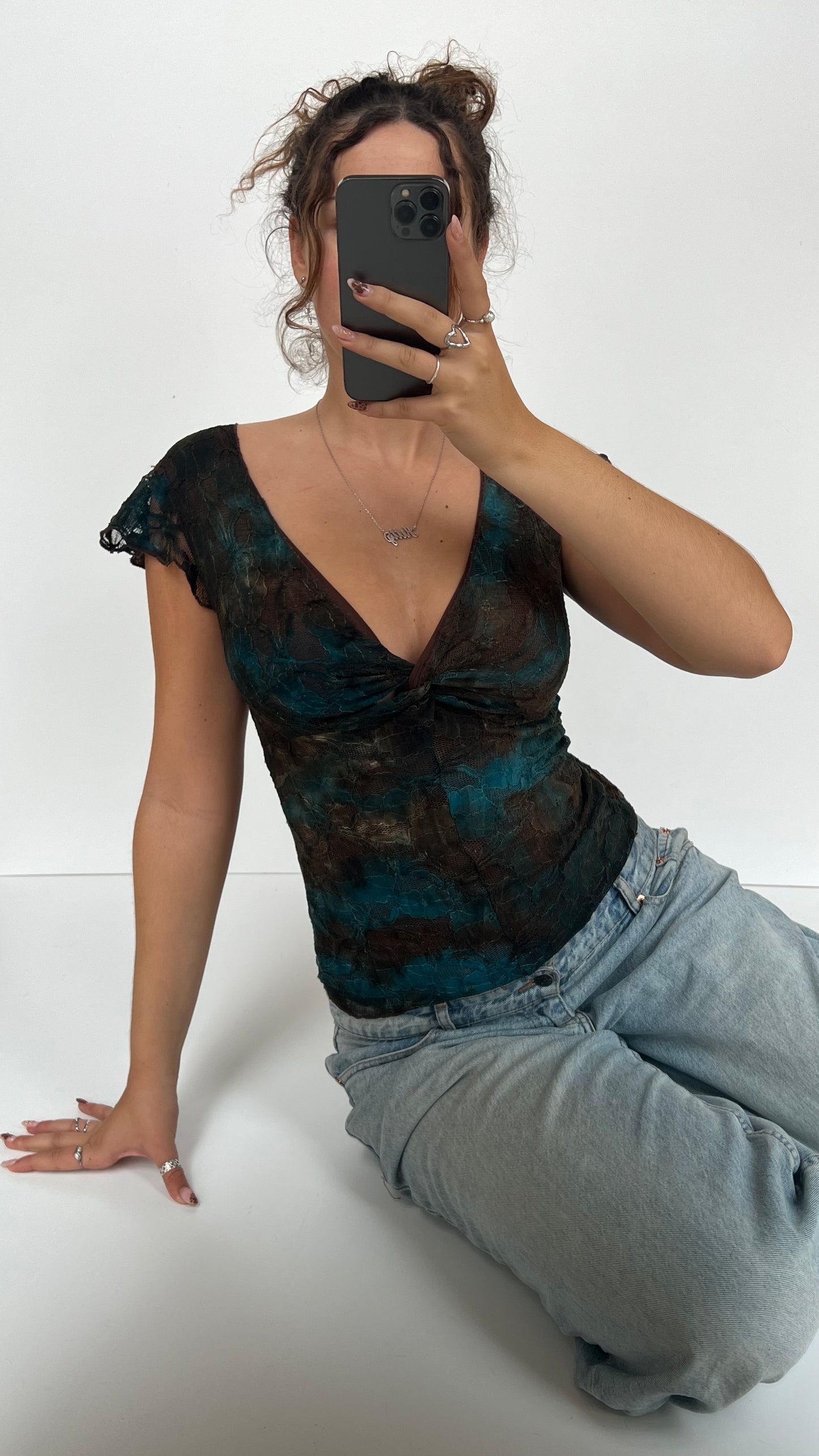 00s brown blue lace top- size XS/S
