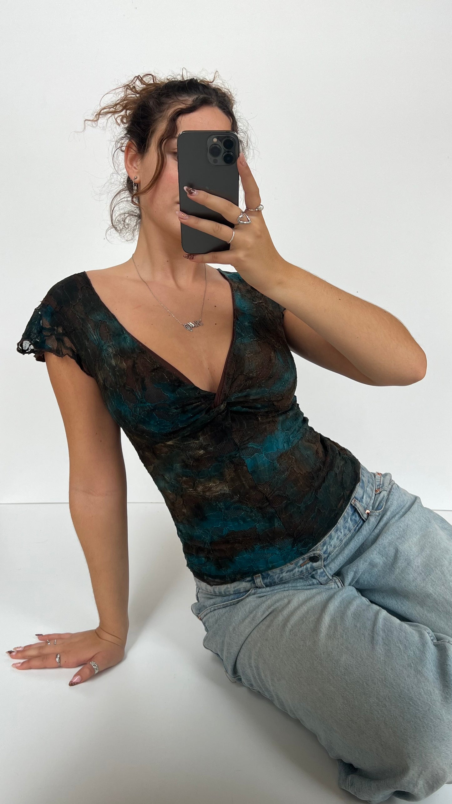 00s brown blue lace top- size XS/S