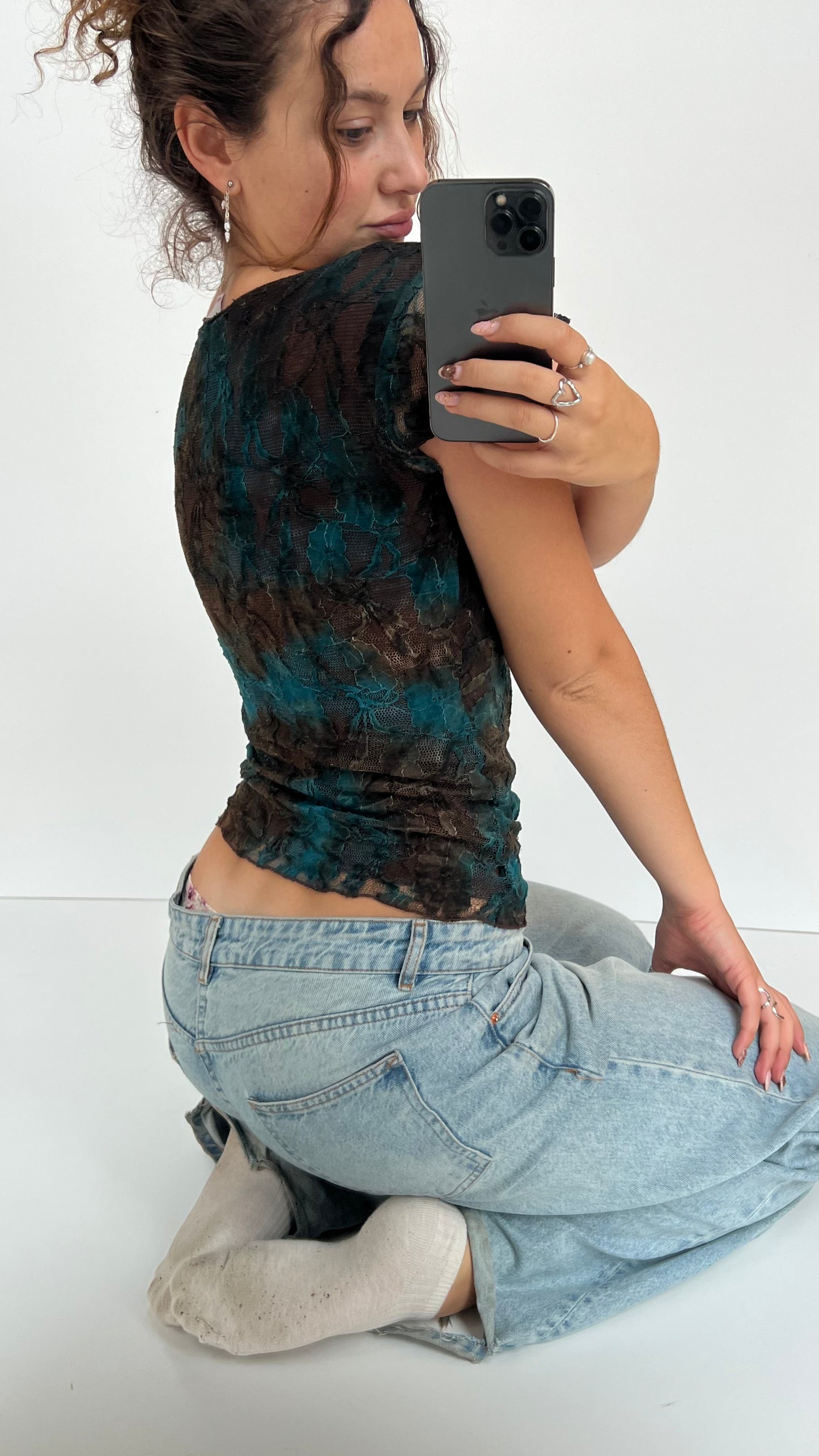 00s brown blue lace top- size XS/S