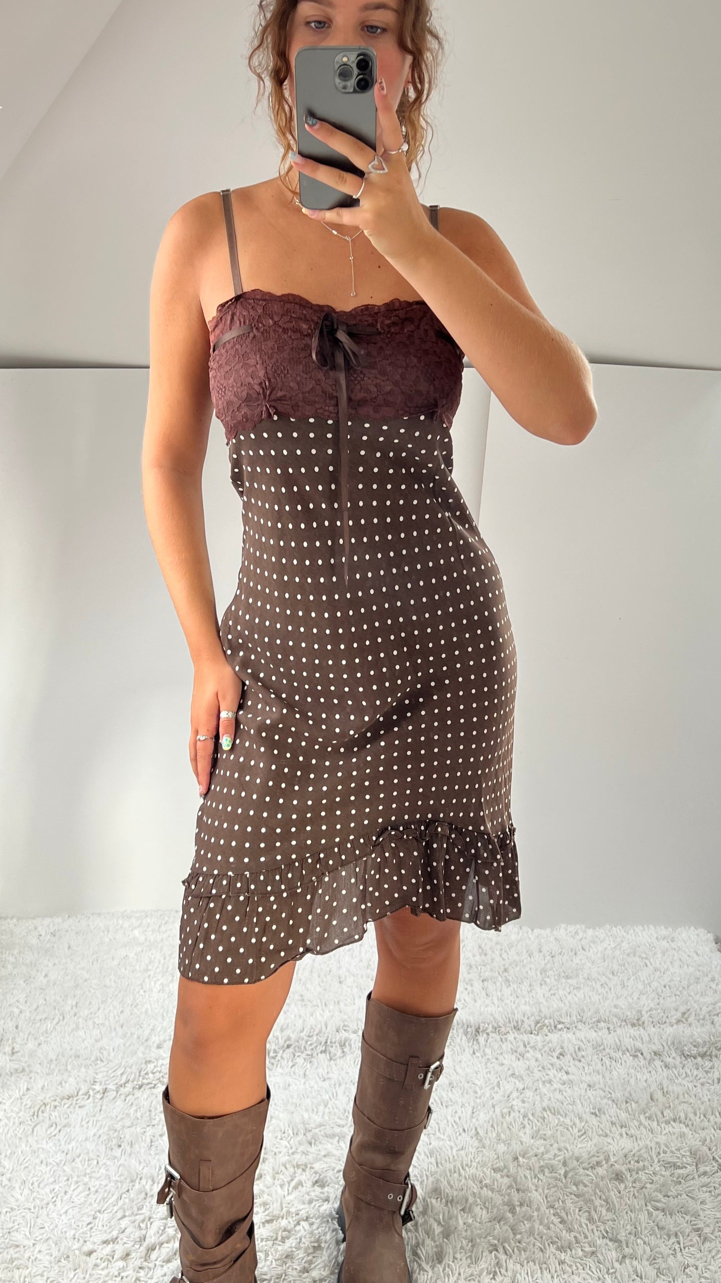 00s brown polka dot midi dress- size S/M
