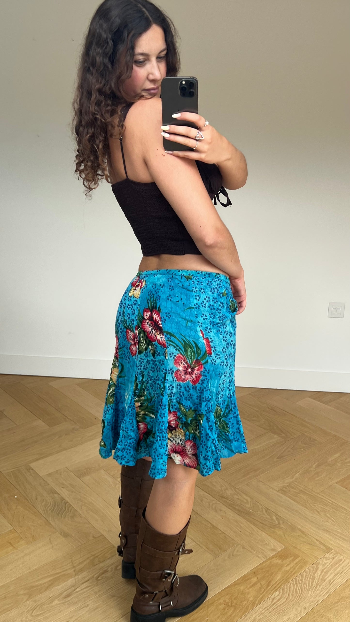 00s blue floral midi skirt- size S