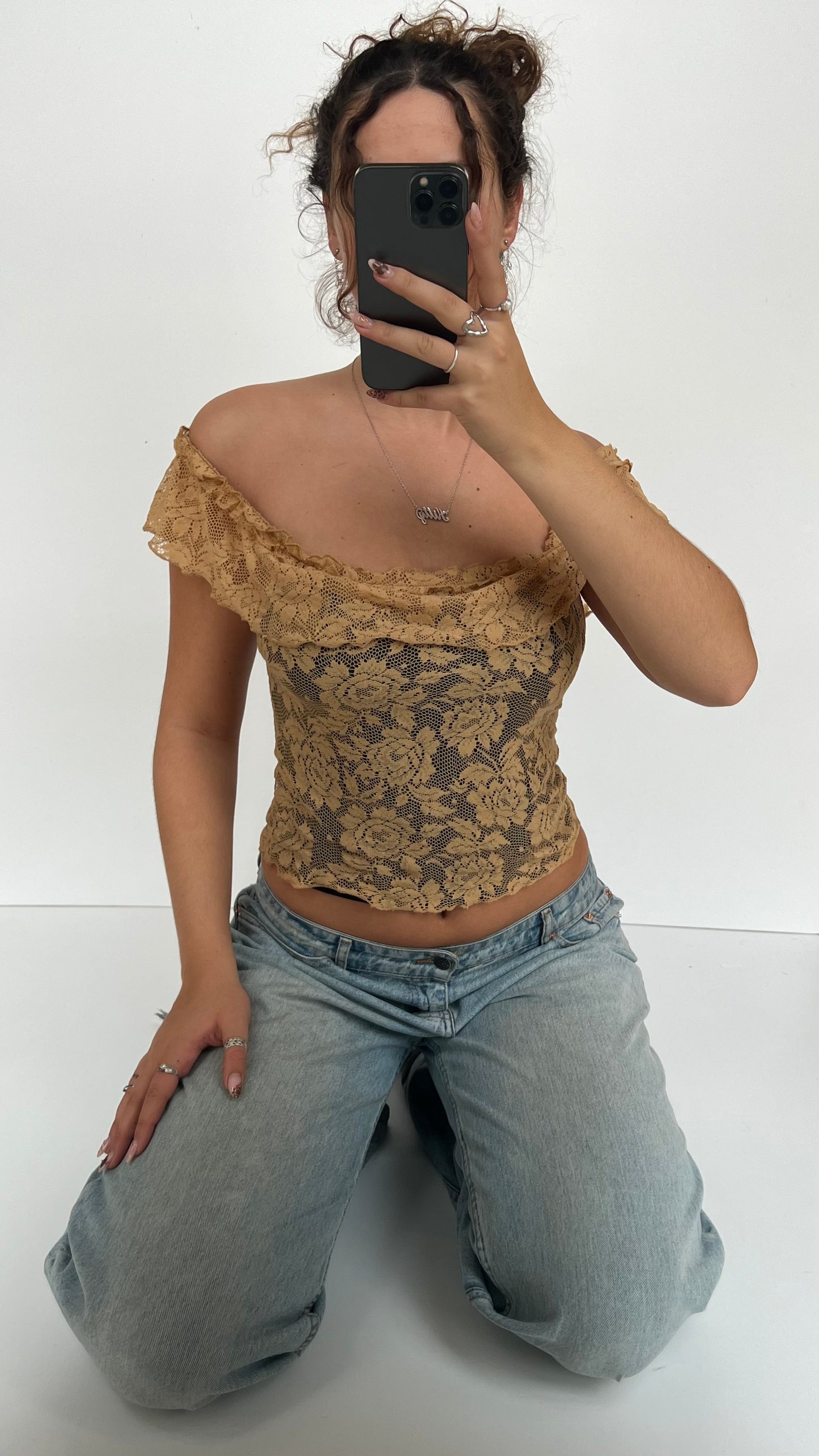 00s brown lace off shoulder top- size XS/S
