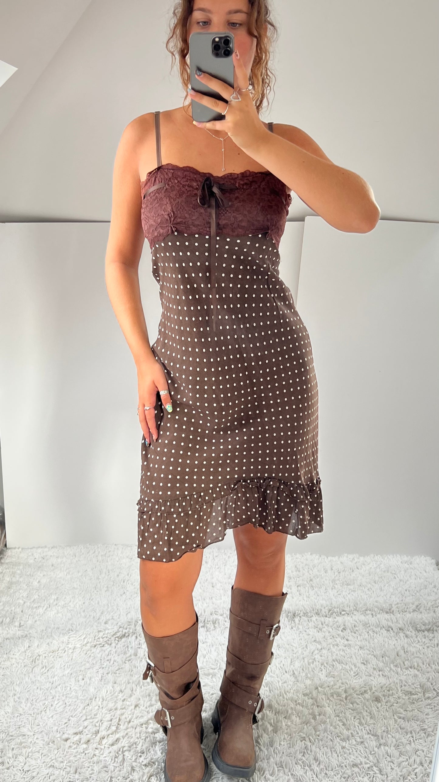 00s brown polka dot midi dress- size S/M