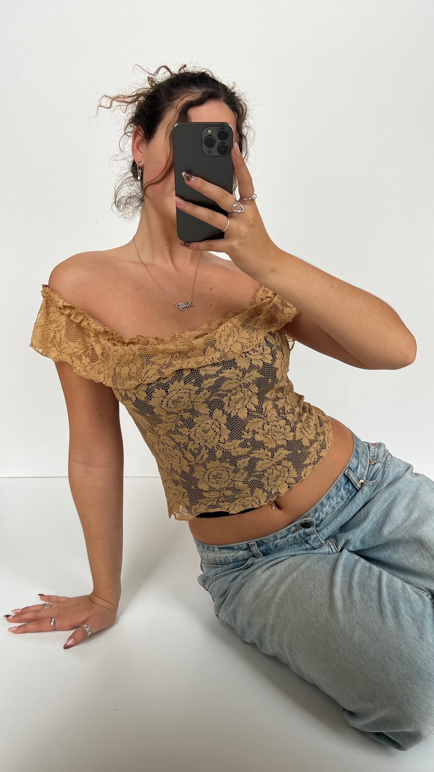 00s brown lace off shoulder top- size XS/S