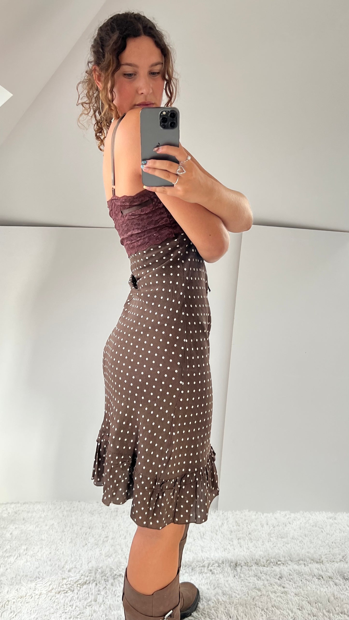 00s brown polka dot midi dress- size S/M