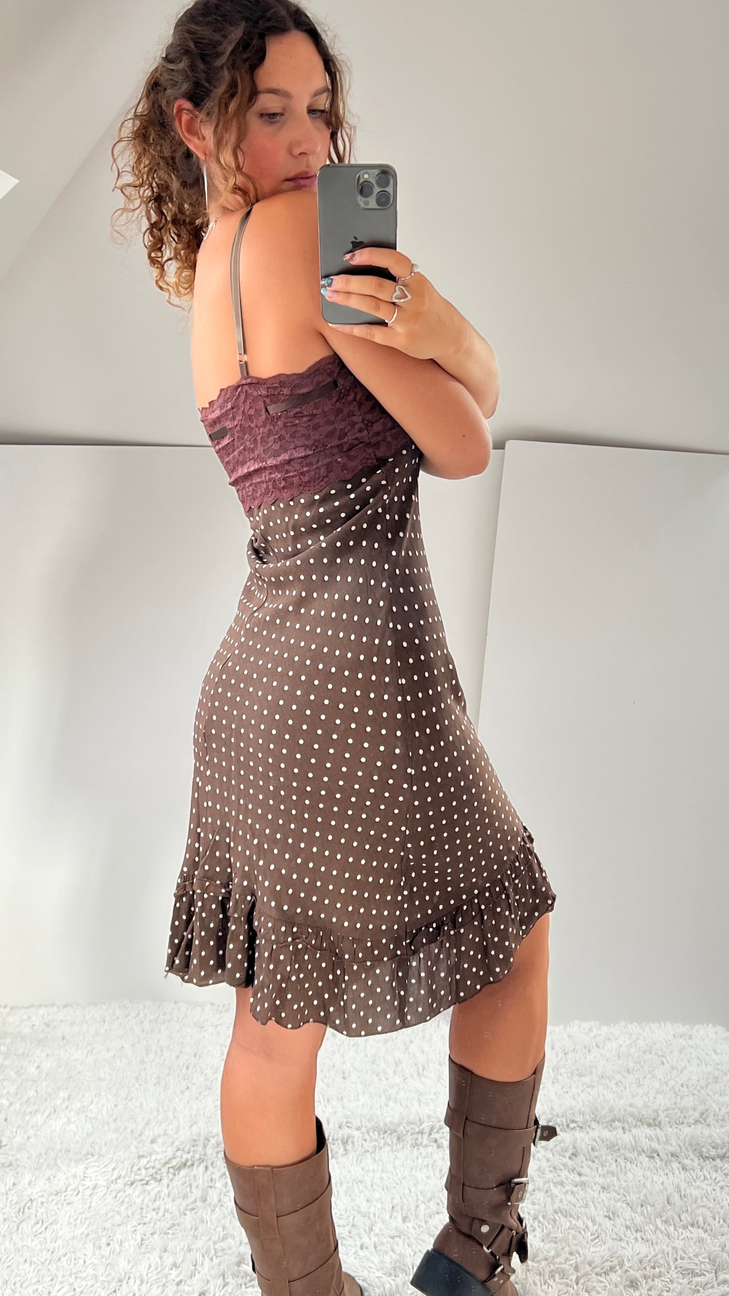 00s brown polka dot midi dress- size S/M