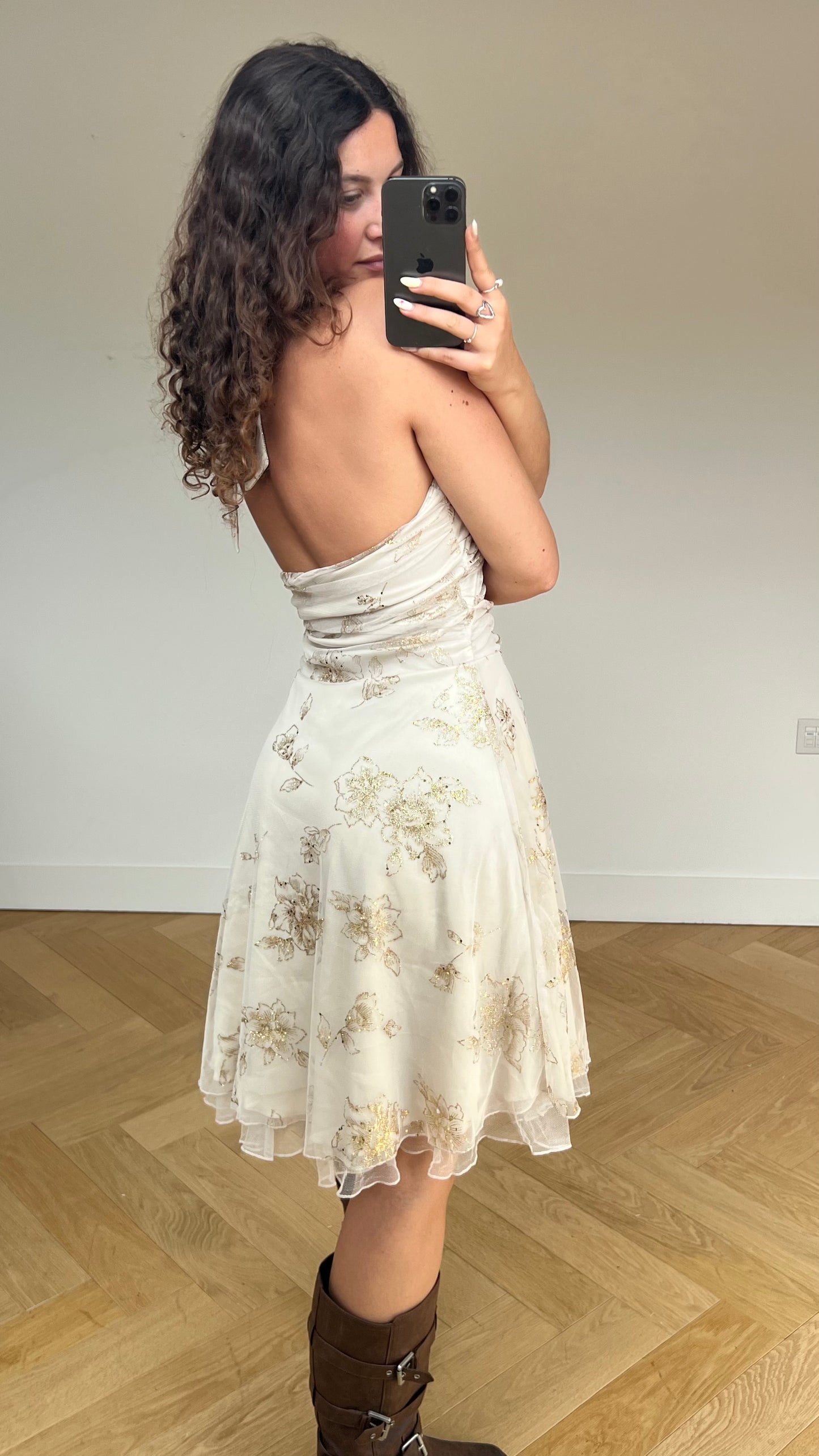 00s cream glitter mesh midi dress- size L