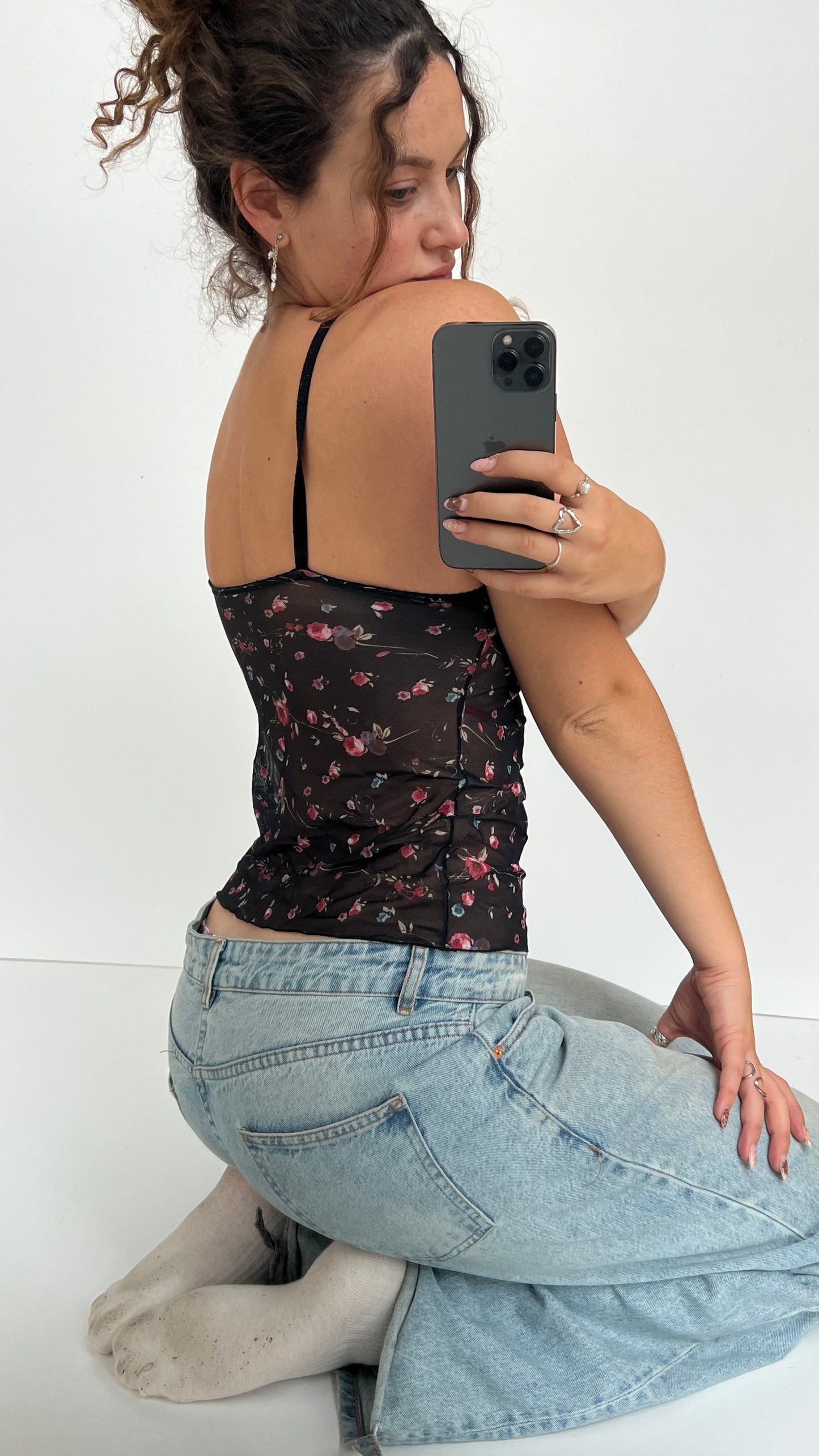 00s black mesh floral corset cami- size S