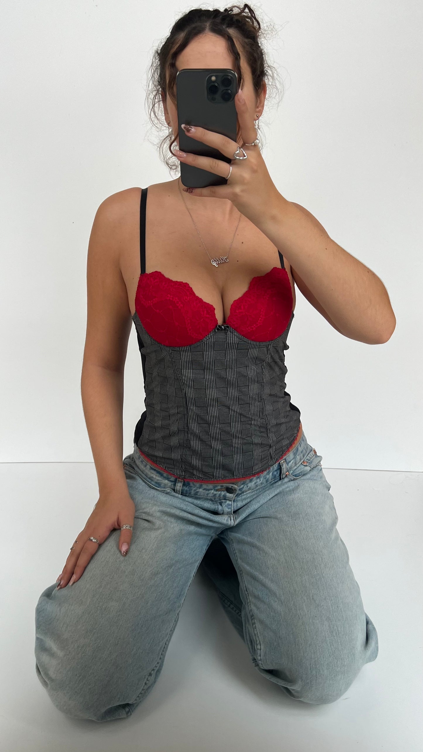 00s grey gingham corset- size S
