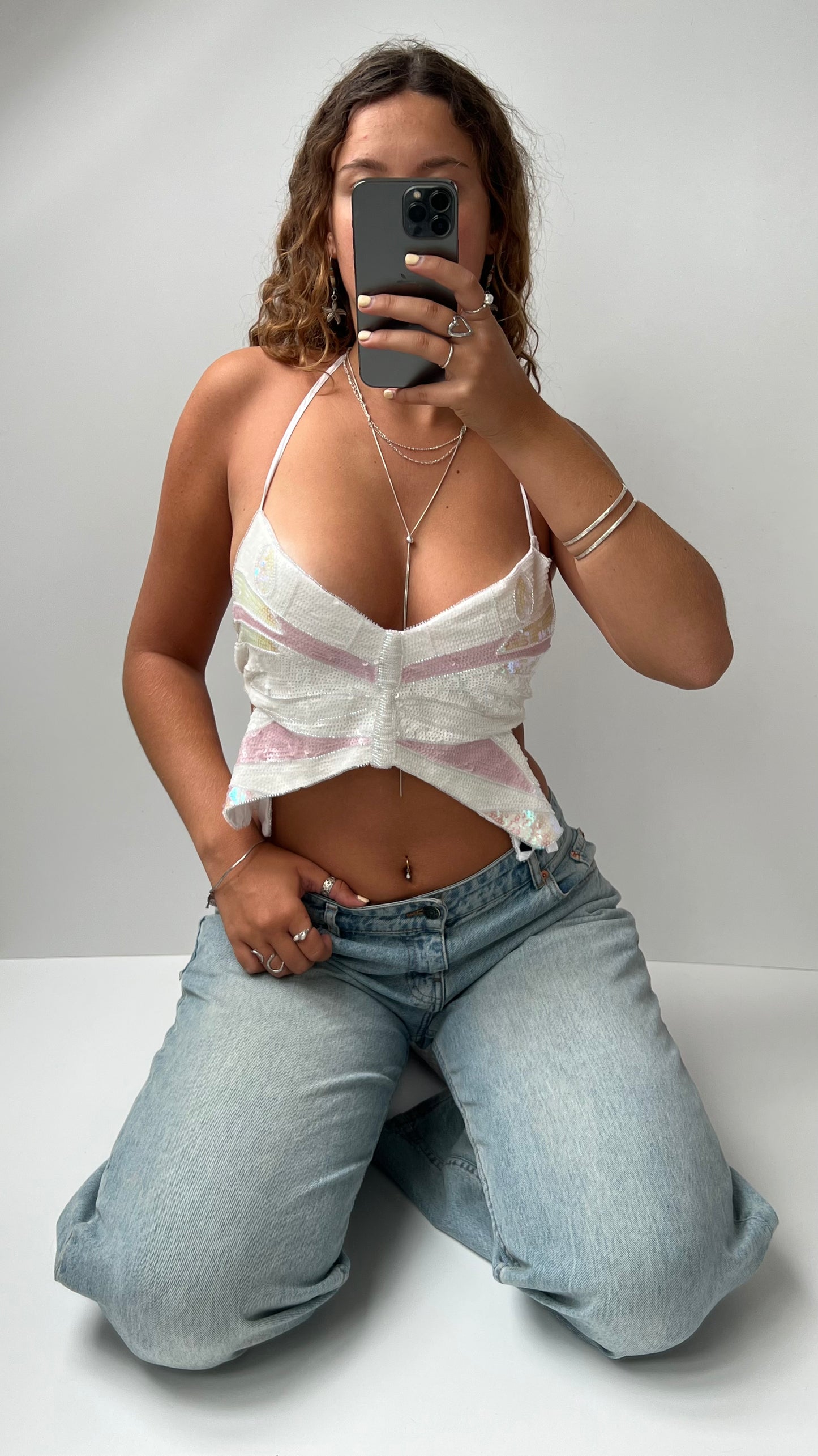 00s white beaded butterfly backless cami- size S