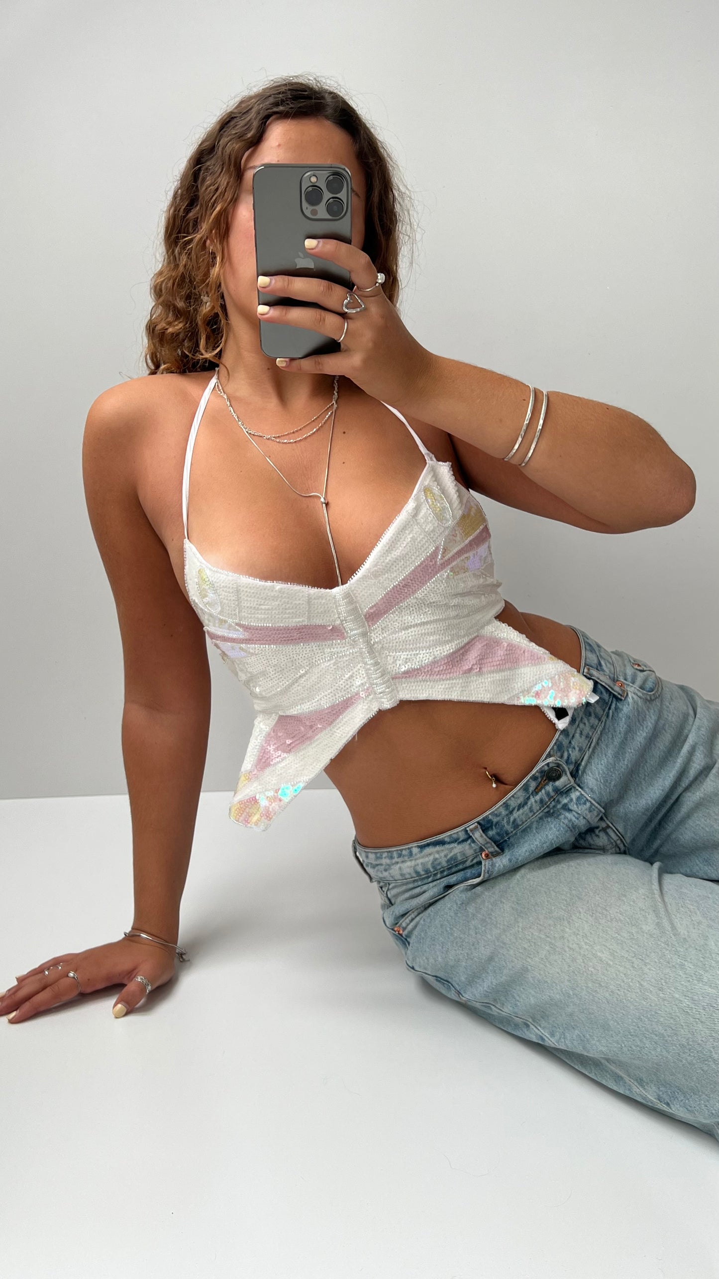 00s white beaded butterfly backless cami- size S