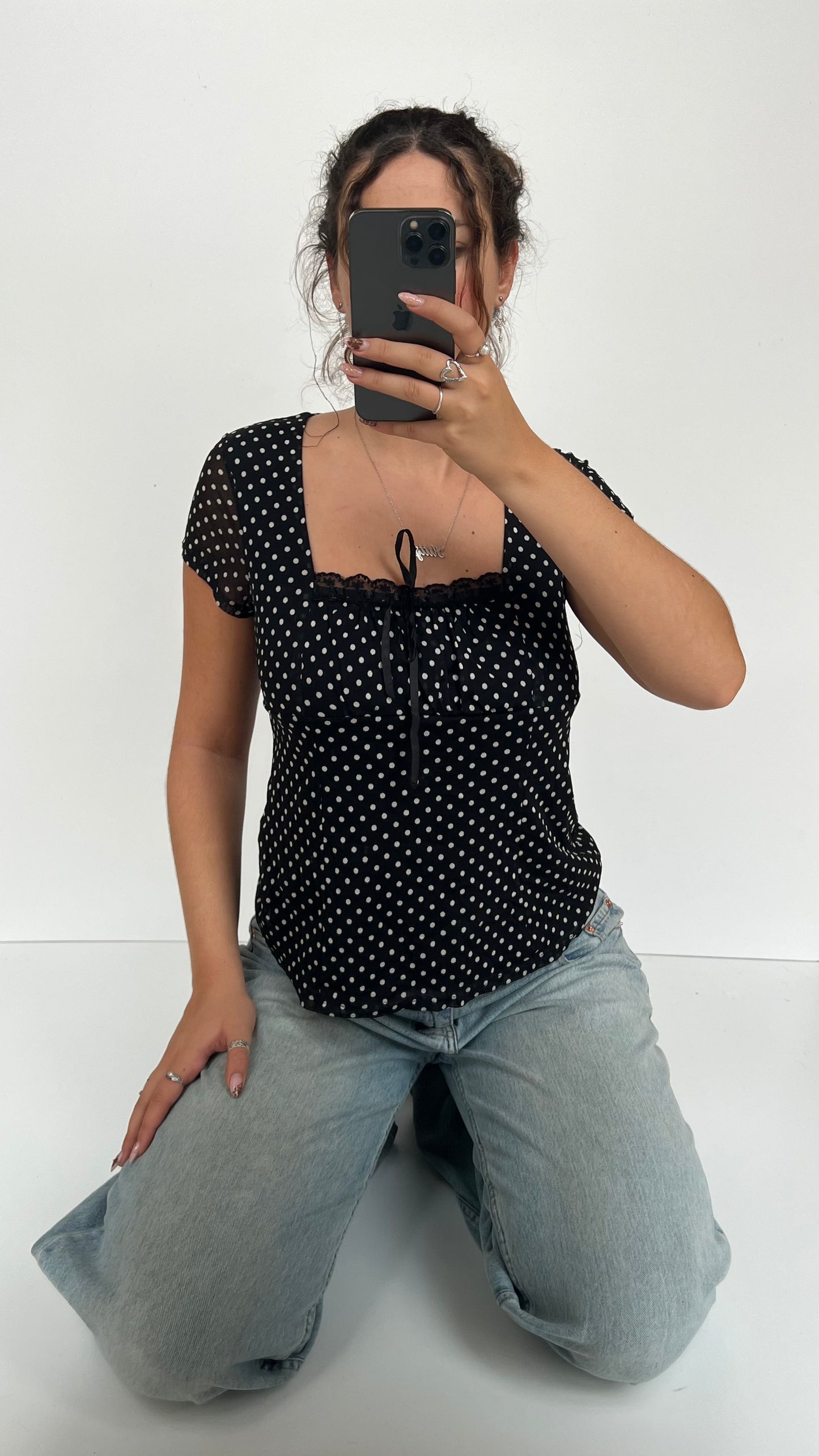 00s black polka dot babydoll top- size L