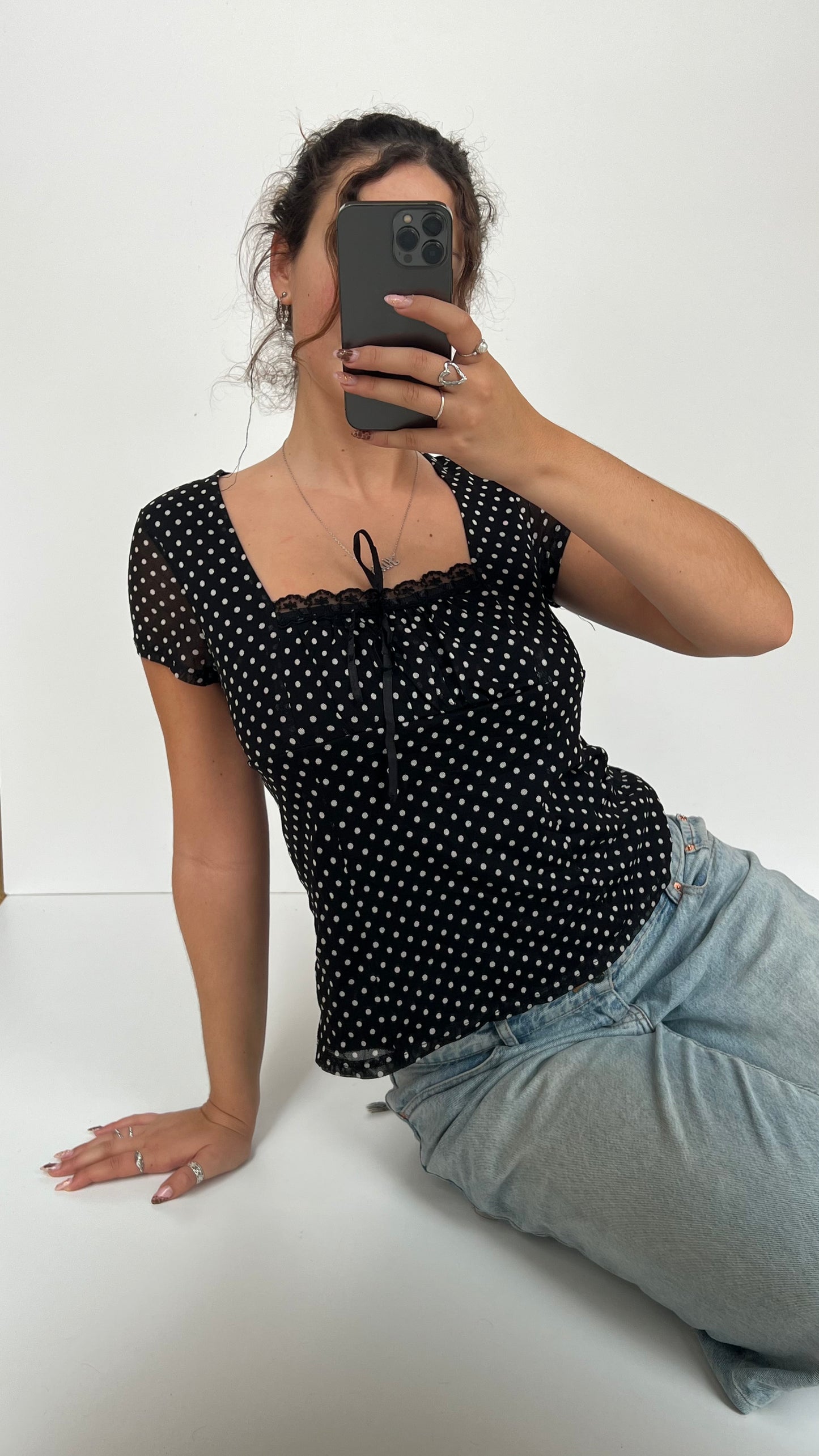 00s black polka dot babydoll top- size L