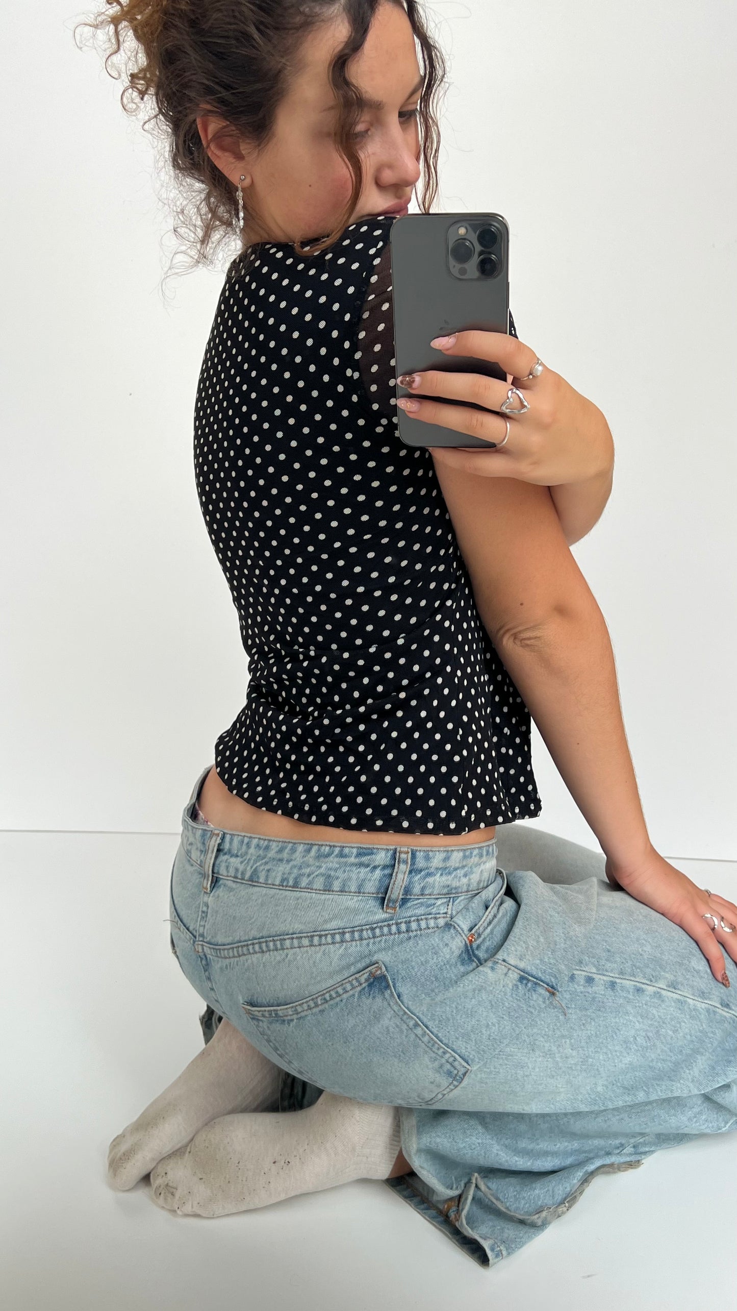 00s black polka dot babydoll top- size L