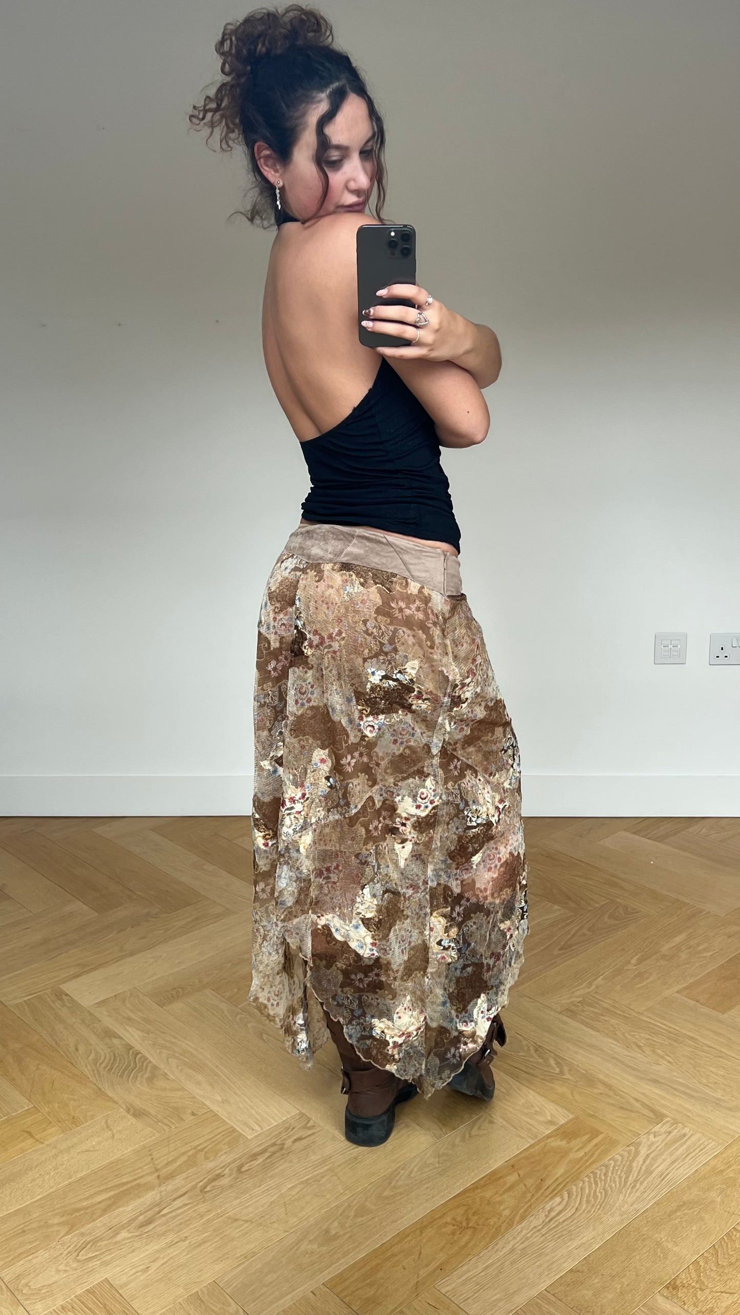 00s brown patchwork lace midi skirt- size M