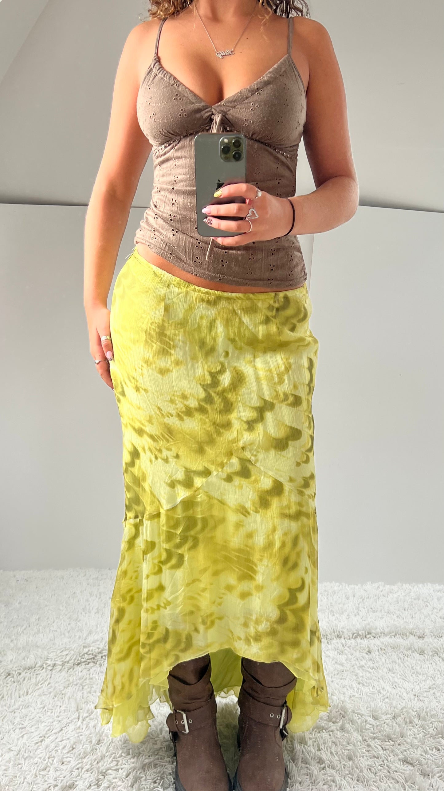 00s green yellow silk maxi skirt- size M
