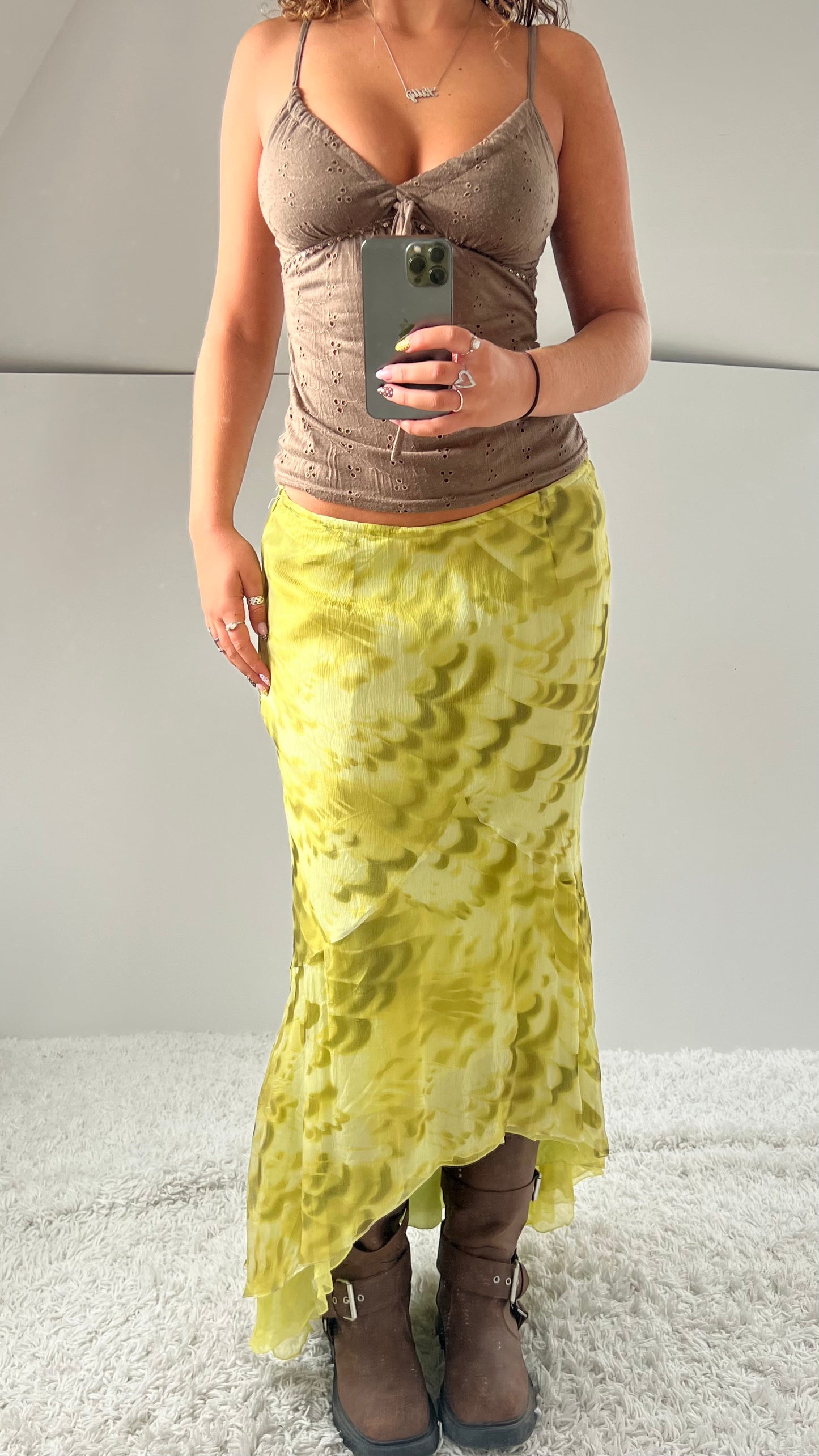00s green yellow silk maxi skirt- size M