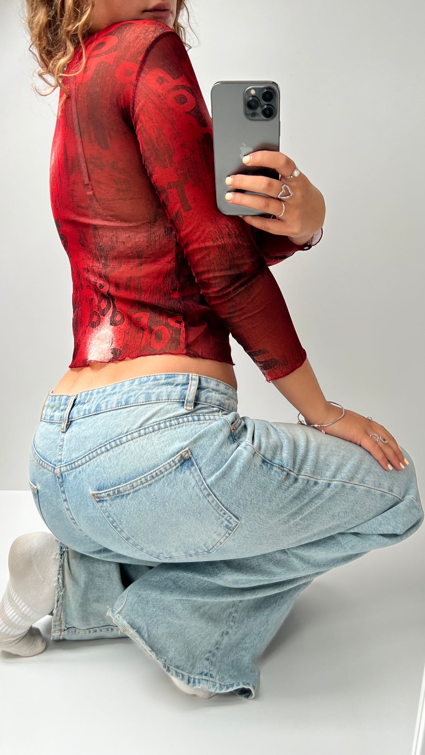 00s red graphic mesh long sleeve top- size S