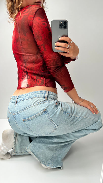00s red graphic mesh long sleeve top- size S