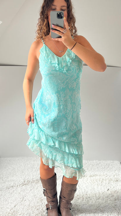 00s blue paisley beaded silk midi dress- size S/M