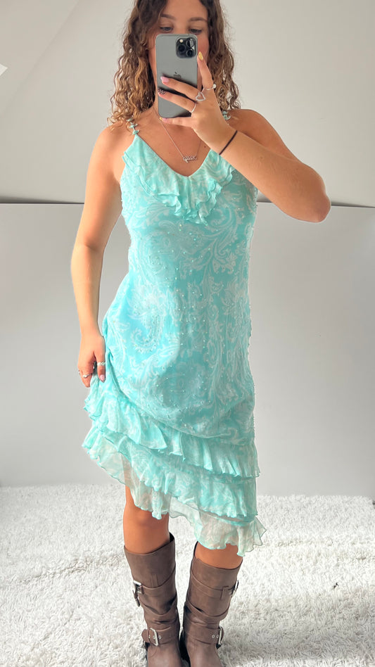 00s blue paisley beaded silk midi dress- size S/M