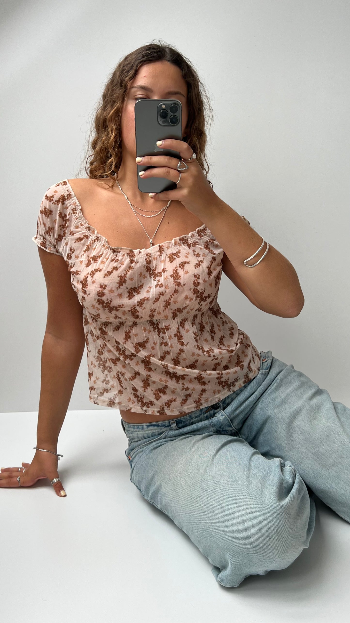 00s cream floral milkmaid top- size L