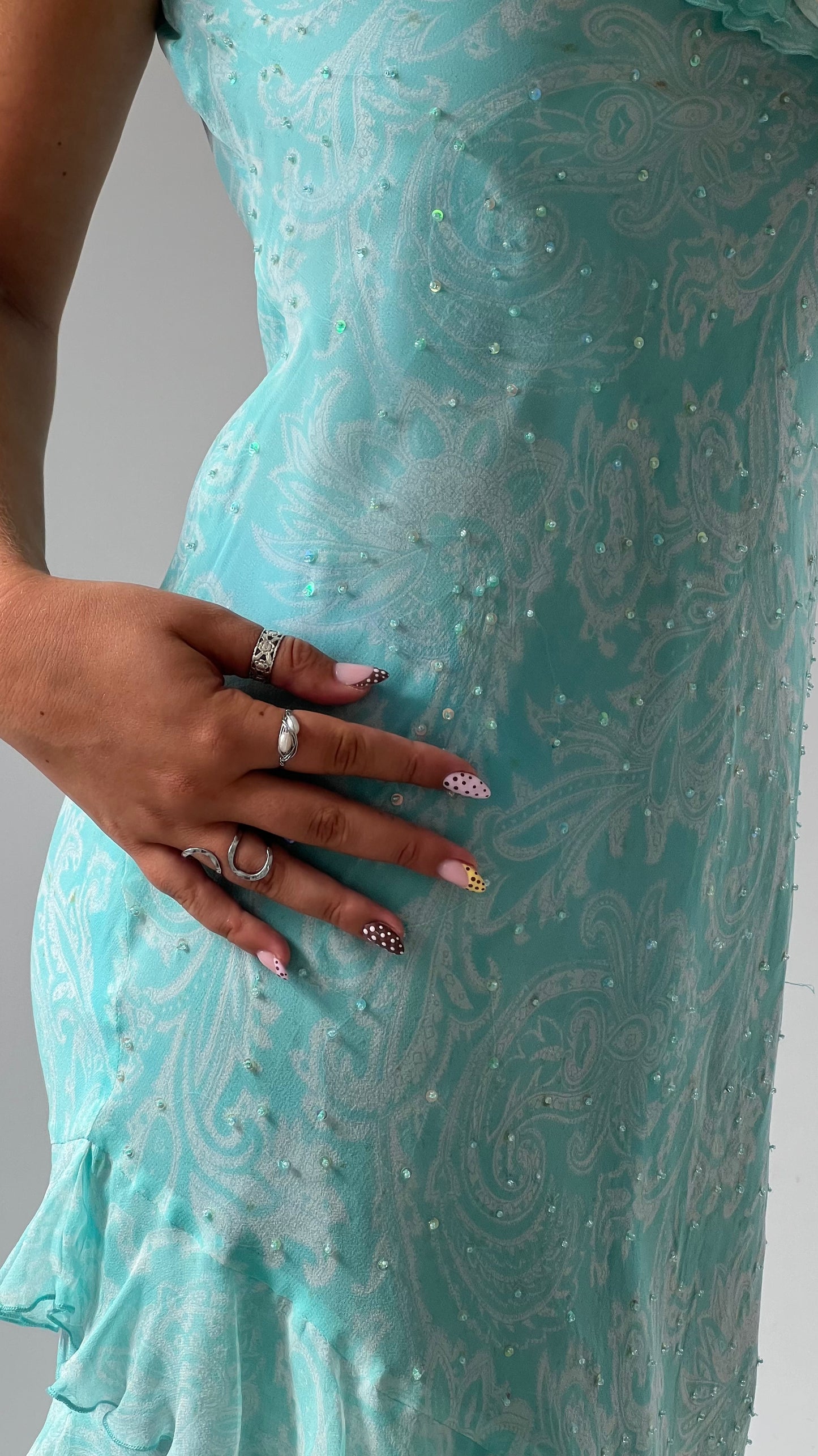 00s blue paisley beaded silk midi dress- size S/M