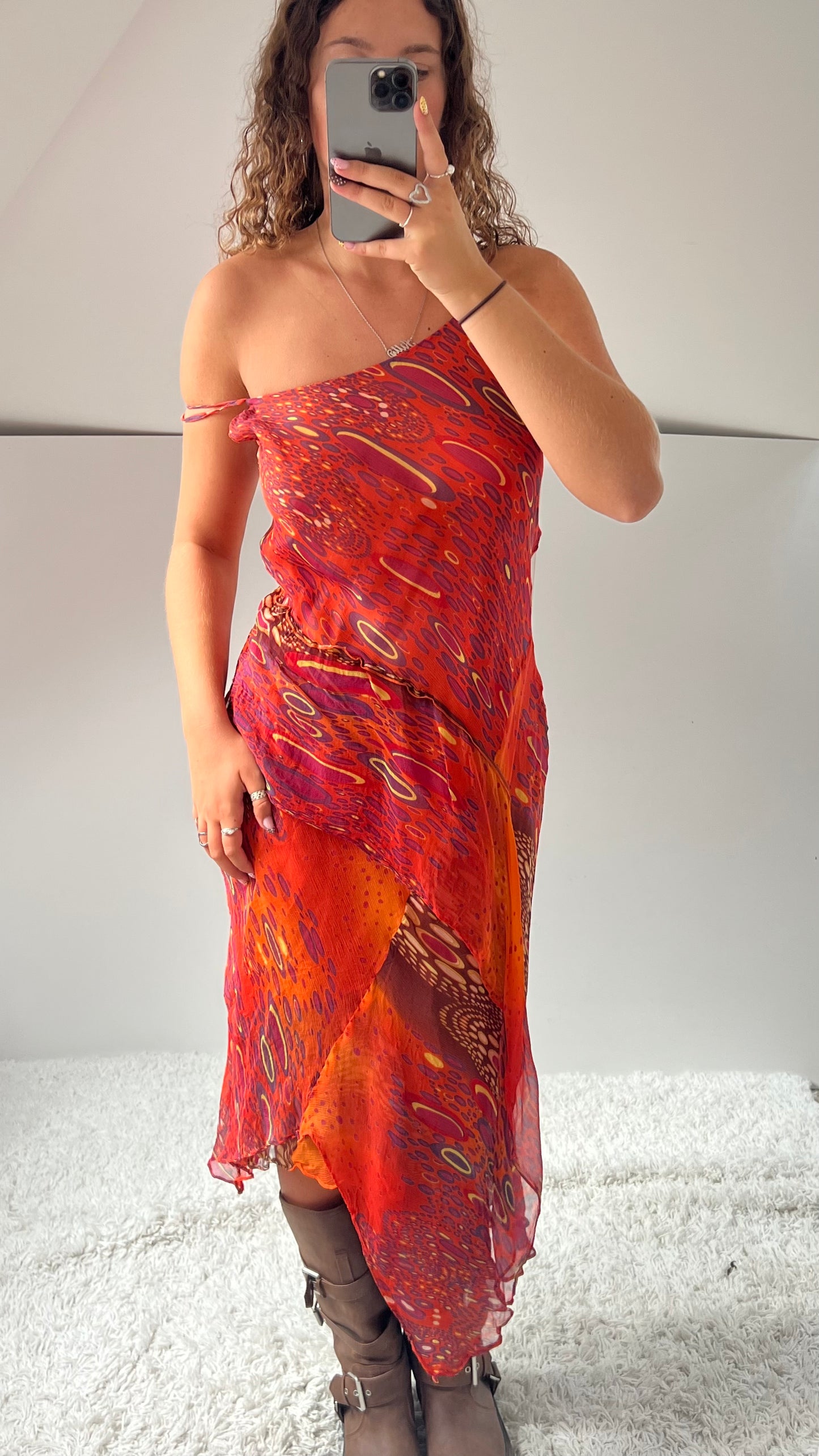 00s orange patchwork silk midi dress- size S/M