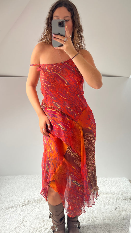 00s orange patchwork silk midi dress- size S/M