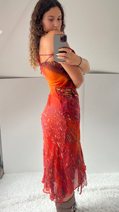 00s orange patchwork silk midi dress- size S/M