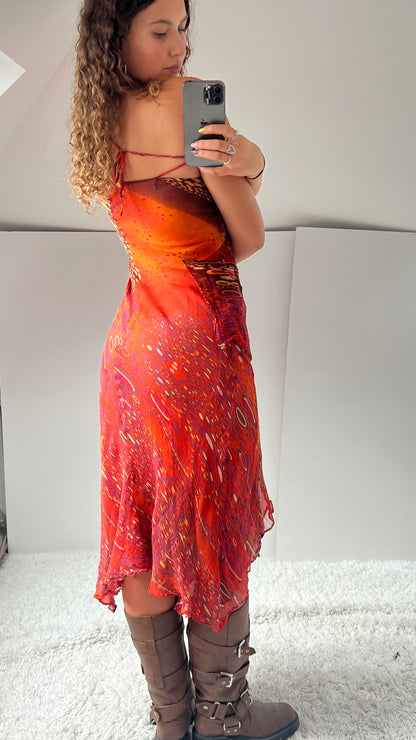 00s orange patchwork silk midi dress- size S/M