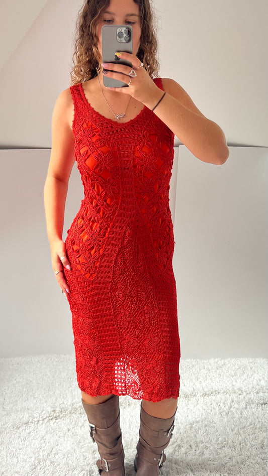 00s orange crochet midi dress- size M