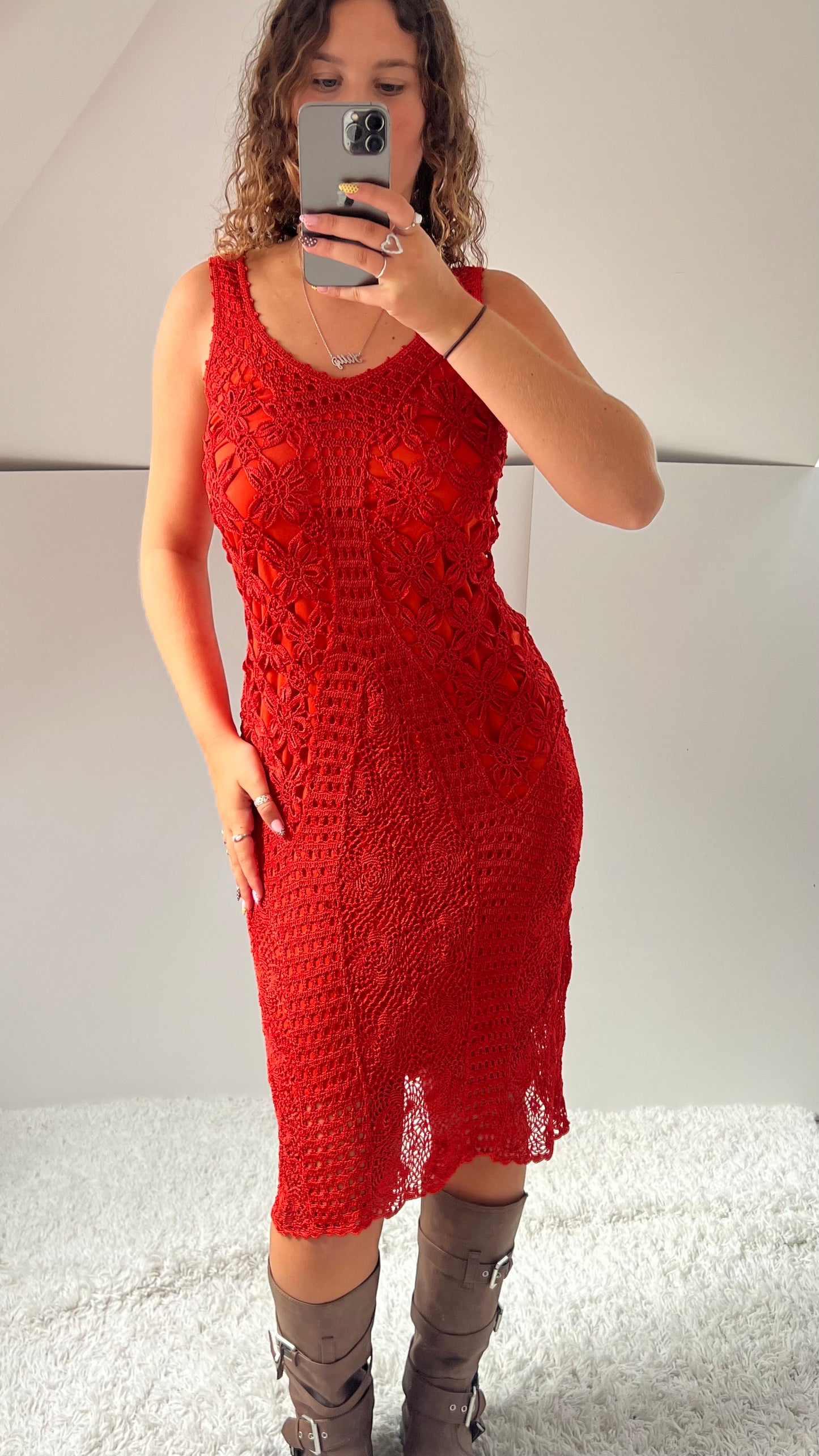 00s orange crochet midi dress- size M