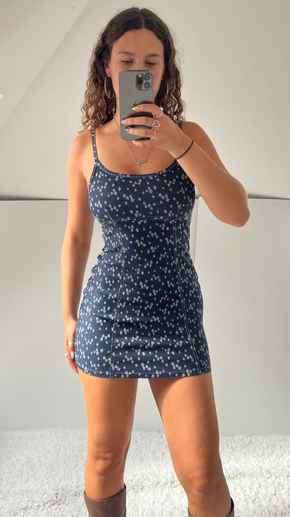 00s denim floral mini dress- size S